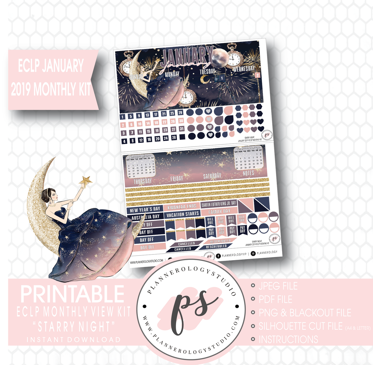 Starry Night New Years January 2019 Monthly View Kit Digital Printable Planner Stickers (for use with Erin Condren) - Plannerologystudio