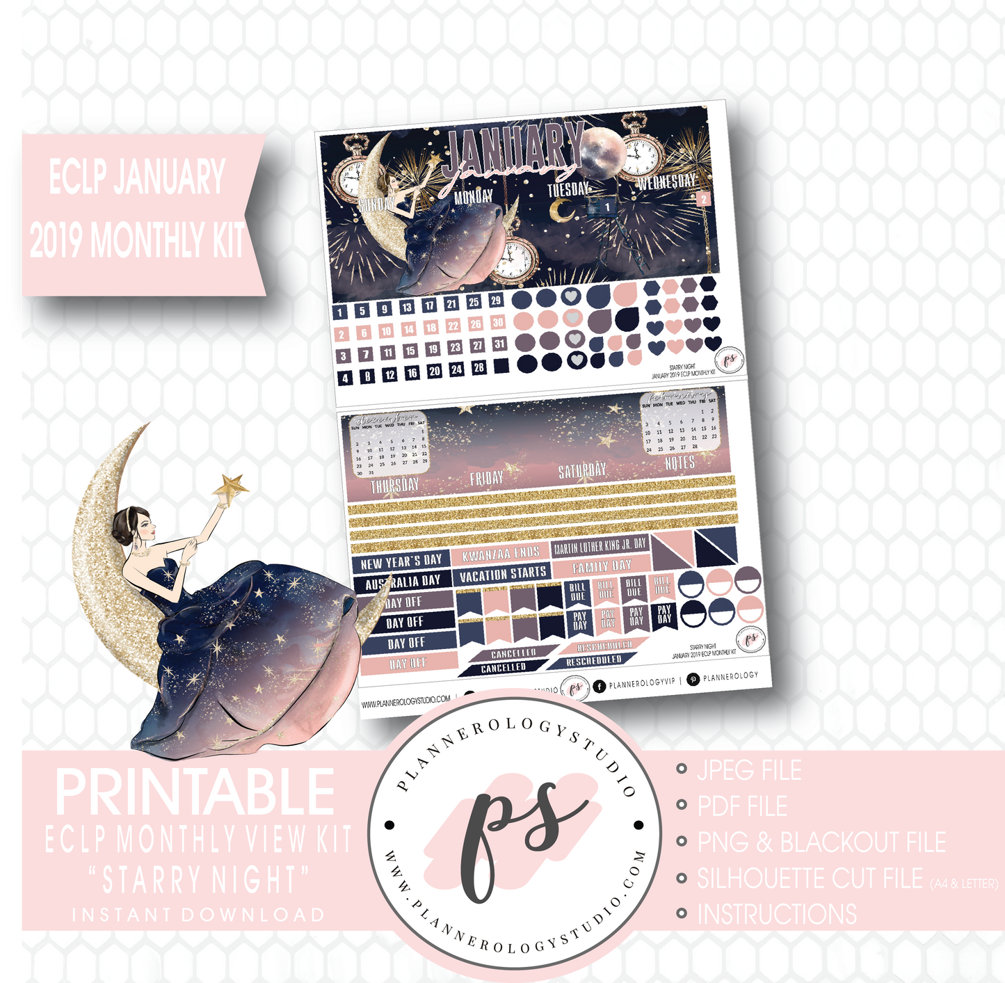 Starry Night New Years January 2019 Monthly View Kit Digital Printable Planner Stickers (for use with Erin Condren) - Plannerologystudio