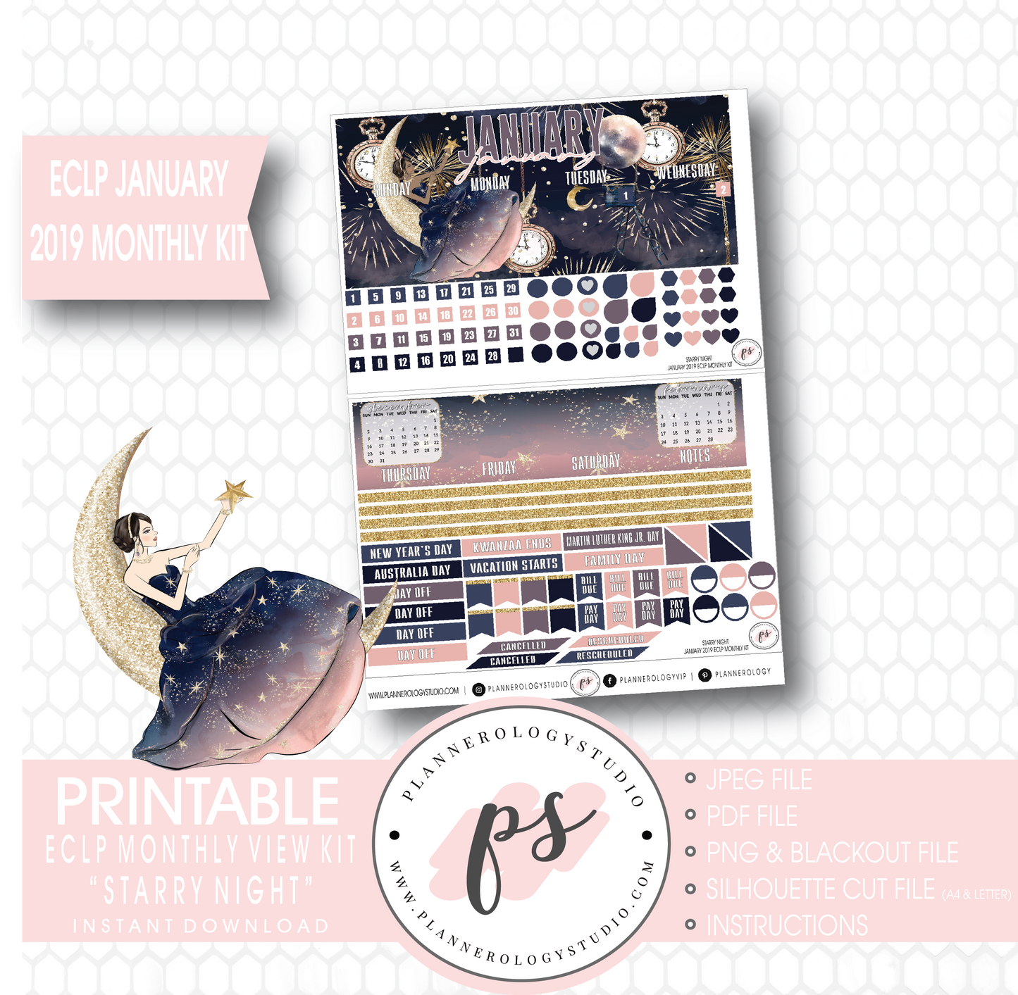 Starry Night New Years January 2019 Monthly View Kit Digital Printable Planner Stickers (for use with Erin Condren) - Plannerologystudio