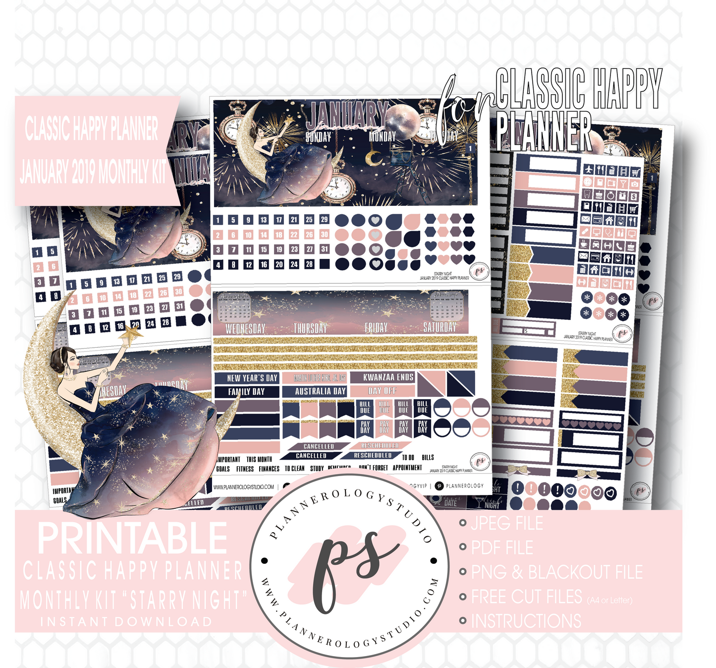Starry Night New Years January 2019 Monthly View Kit Digital Printable Planner Stickers (for use with Classic Happy Planner) - Plannerologystudio