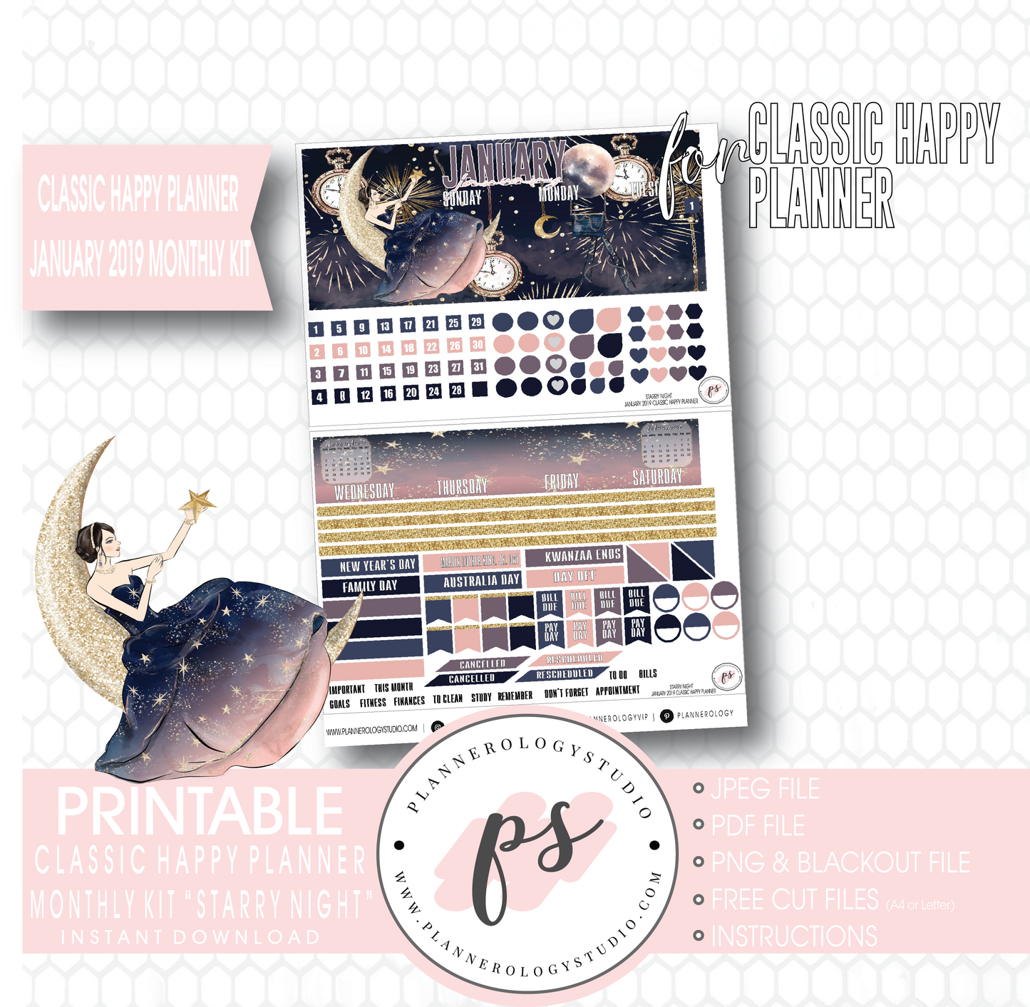 Starry Night New Years January 2019 Monthly View Kit Digital Printable Planner Stickers (for use with Classic Happy Planner) - Plannerologystudio