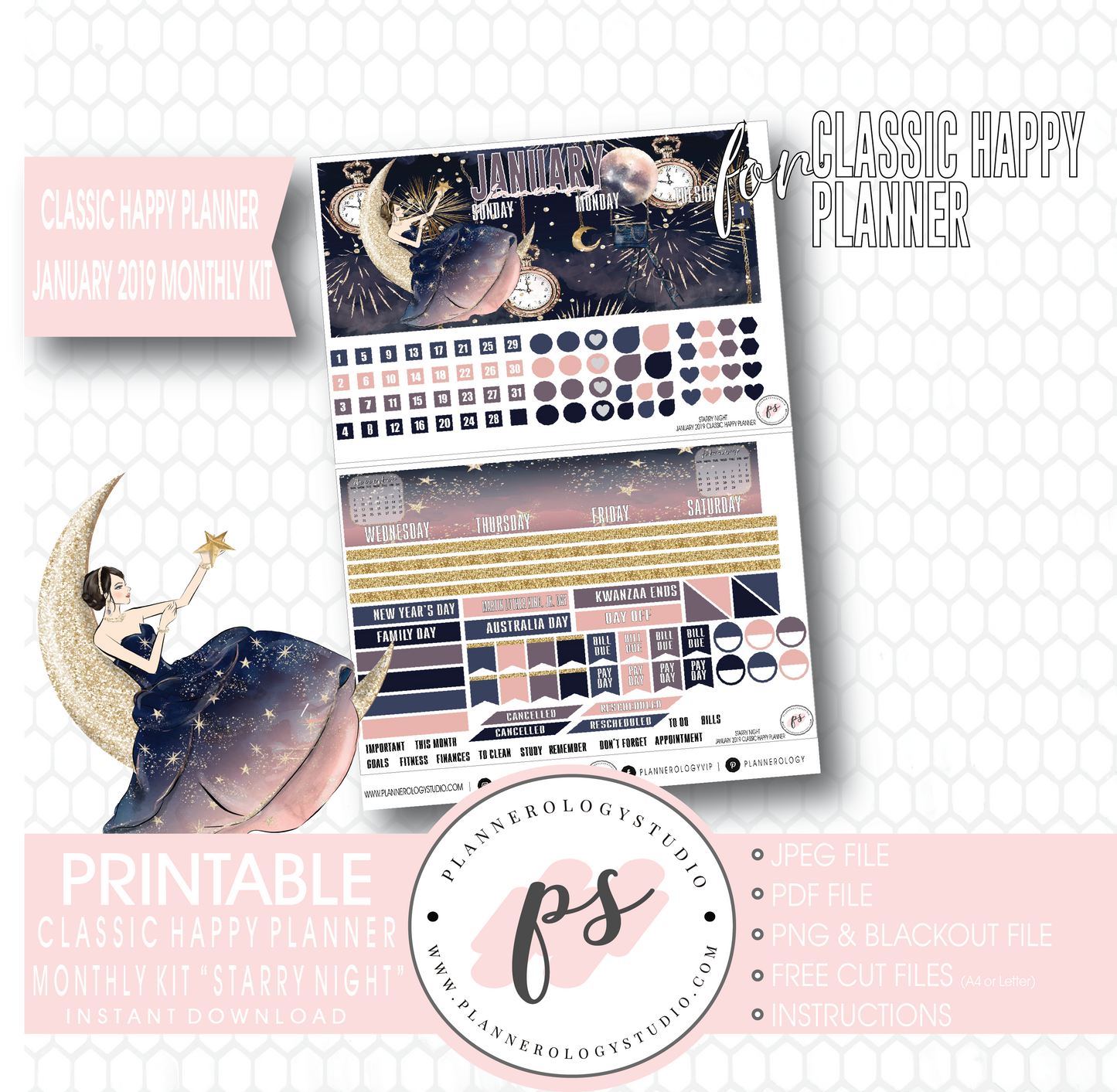Starry Night New Years January 2019 Monthly View Kit Digital Printable Planner Stickers (for use with Classic Happy Planner) - Plannerologystudio