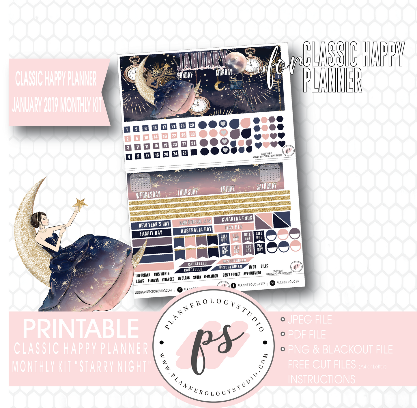 Starry Night New Years January 2019 Monthly View Kit Digital Printable Planner Stickers (for use with Classic Happy Planner) - Plannerologystudio