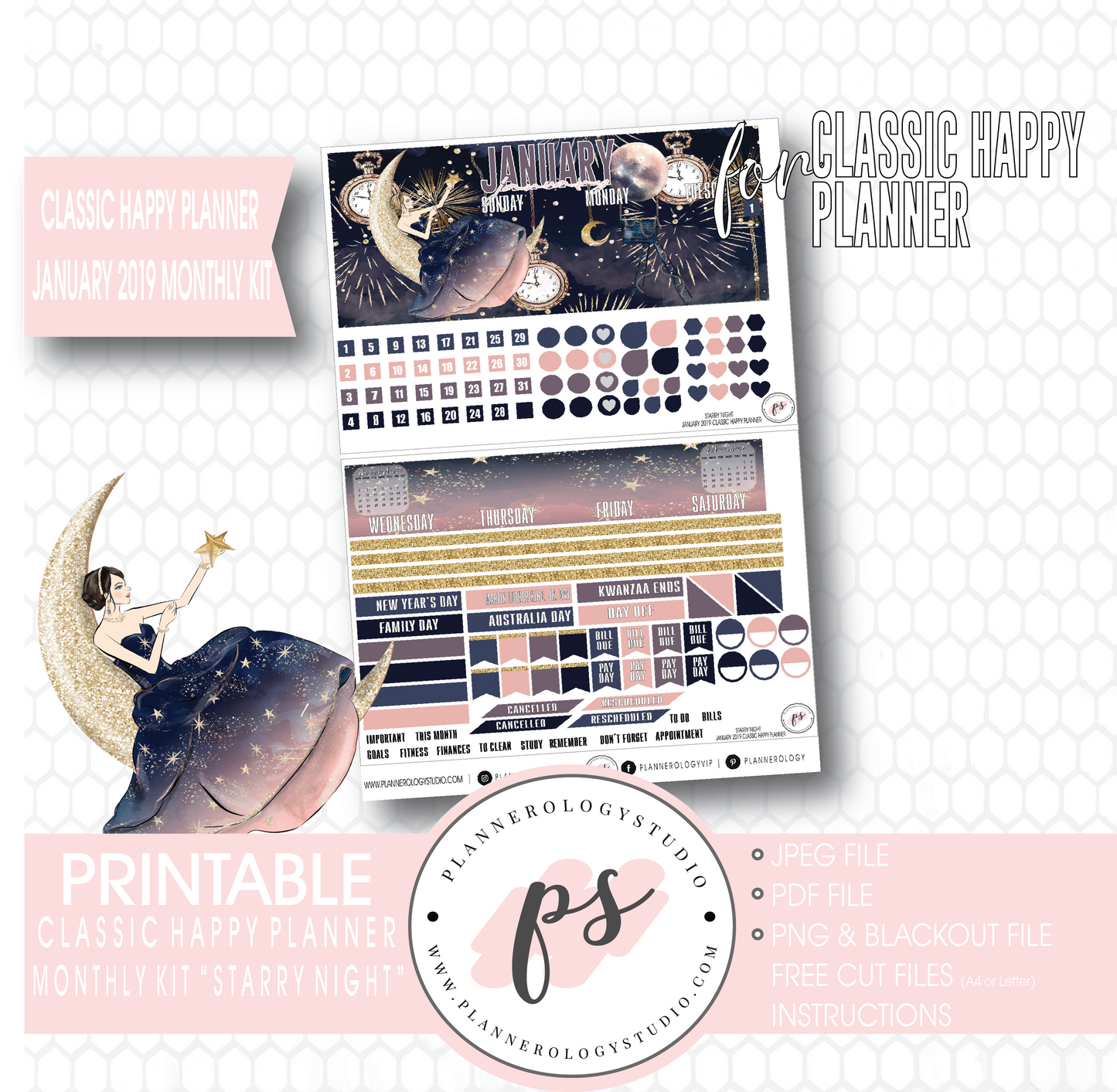 Starry Night New Years January 2019 Monthly View Kit Digital Printable Planner Stickers (for use with Classic Happy Planner) - Plannerologystudio