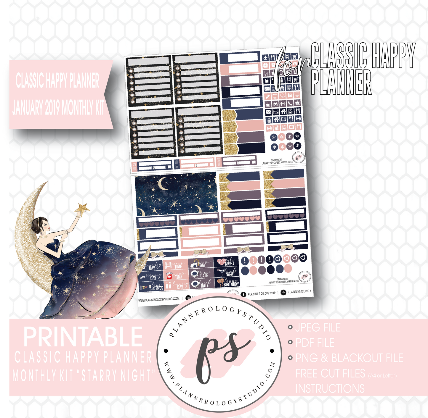 Starry Night New Years January 2019 Monthly View Kit Digital Printable Planner Stickers (for use with Classic Happy Planner) - Plannerologystudio