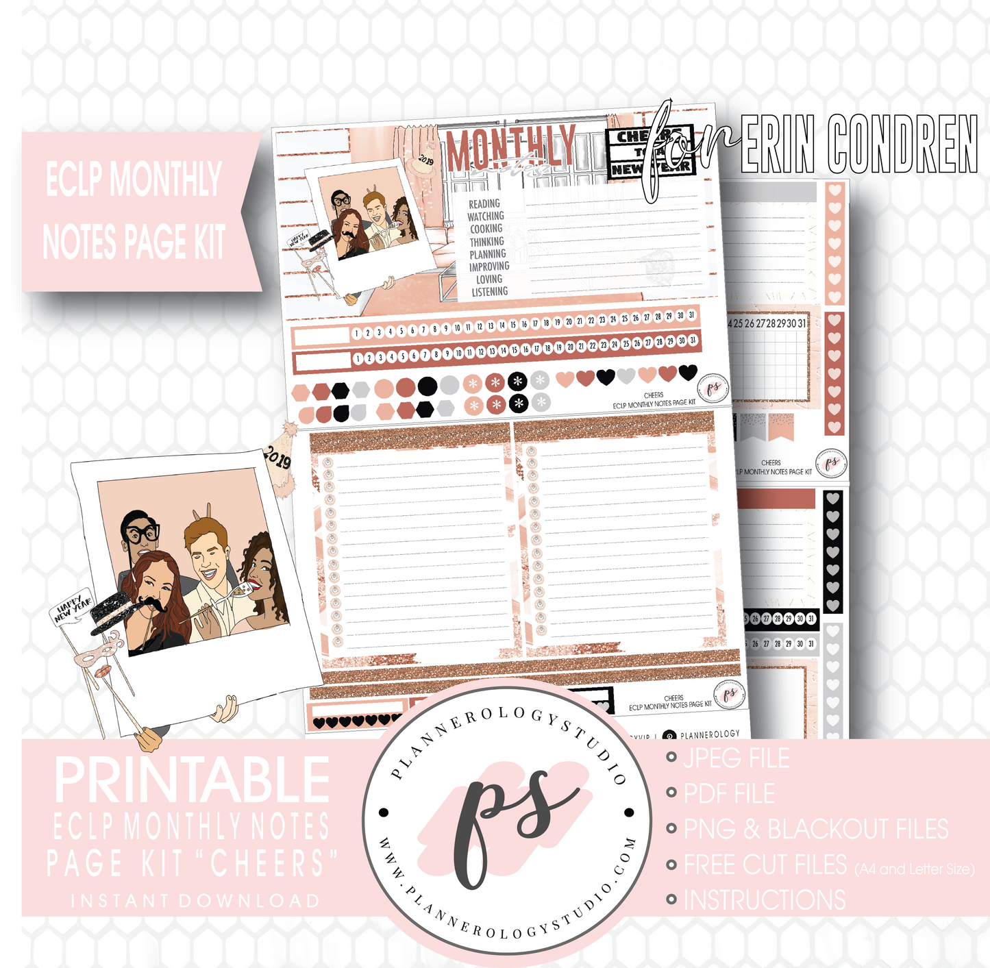 Cheers New Years Monthly Notes Page Kit Digital Printable Planner Stickers (for use with Erin Condren) - Plannerologystudio
