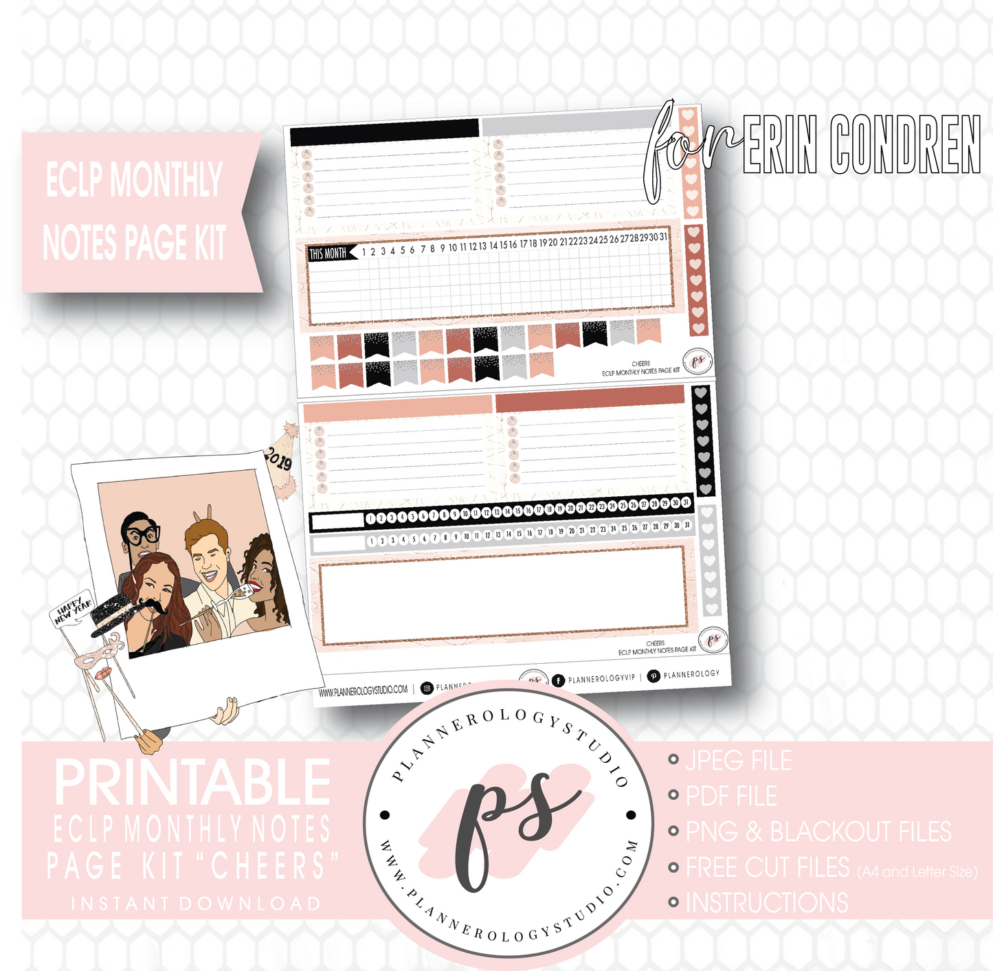 Cheers New Years Monthly Notes Page Kit Digital Printable Planner Stickers (for use with Erin Condren) - Plannerologystudio