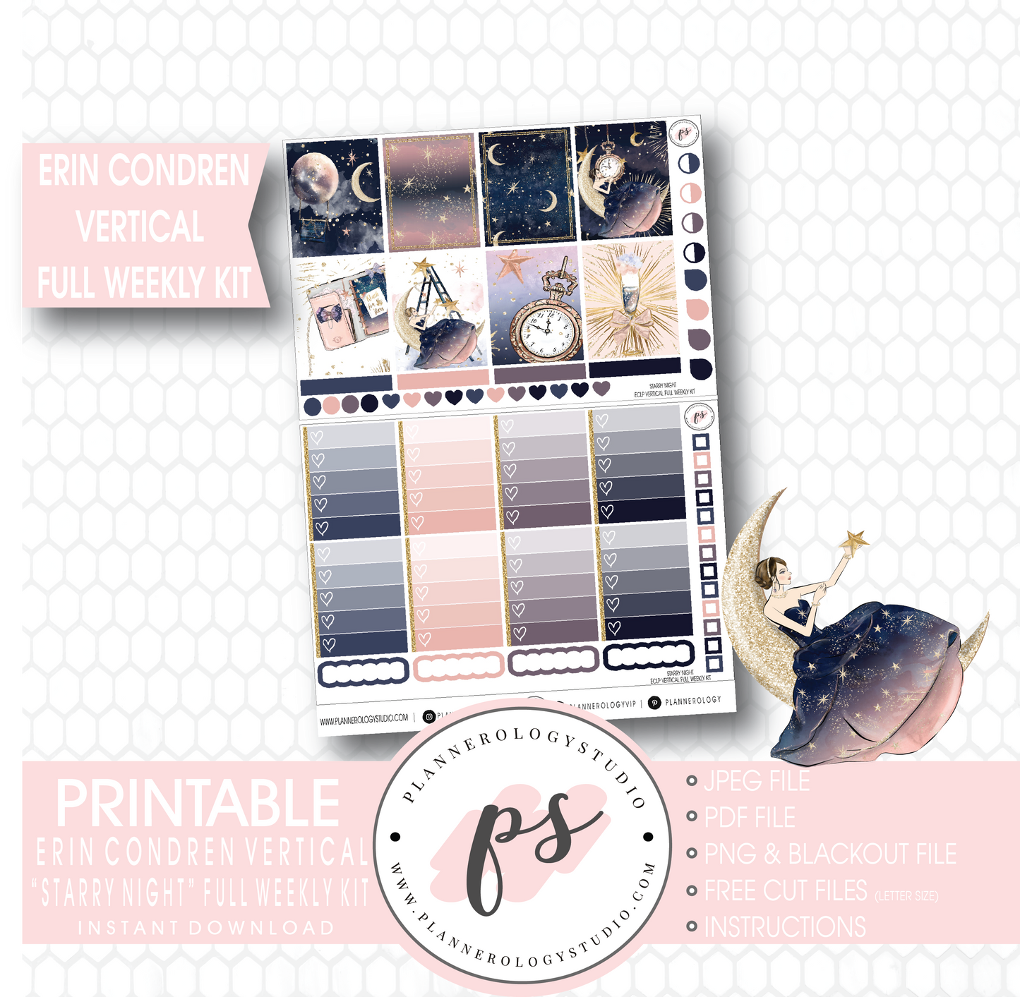 Starry Night Full Weekly Kit Printable Planner Stickers (for use with Erin Condren Vertical) - Plannerologystudio