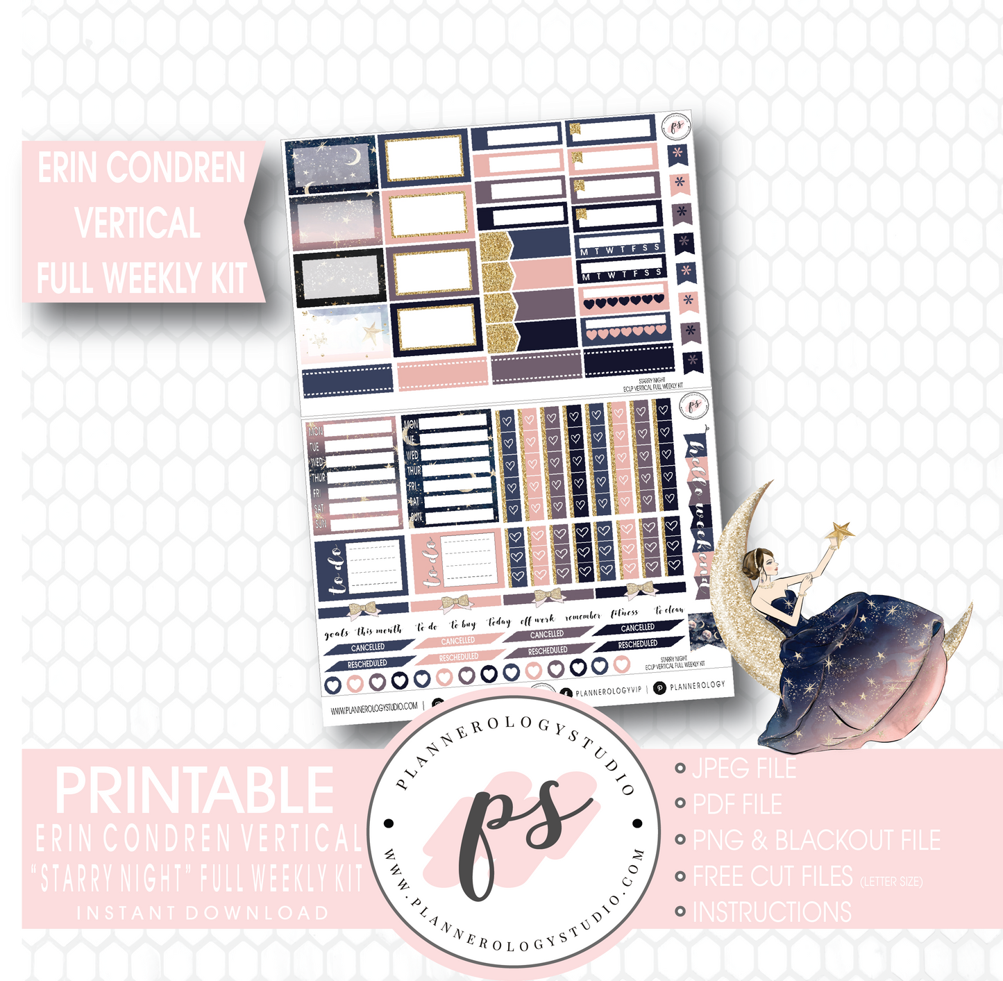 Starry Night Full Weekly Kit Printable Planner Stickers (for use with Erin Condren Vertical) - Plannerologystudio