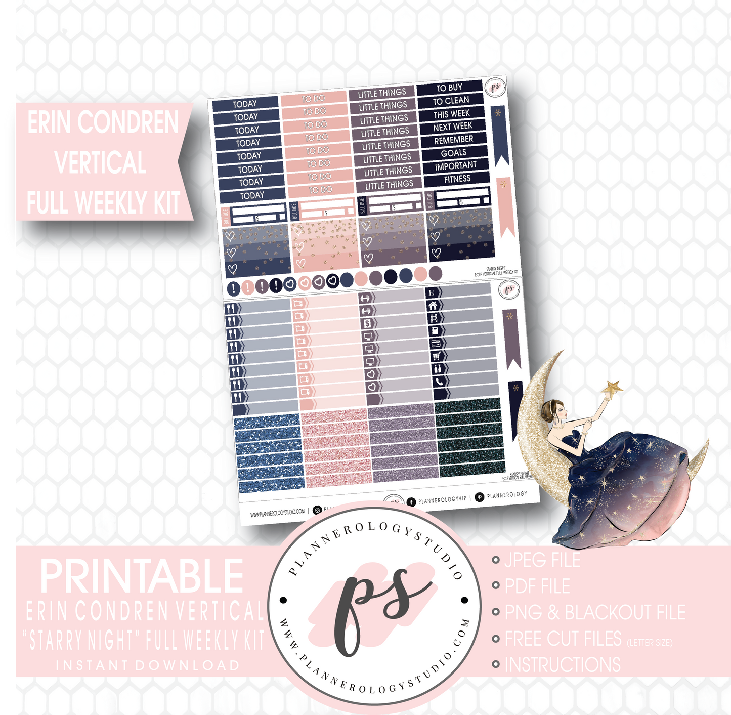 Starry Night Full Weekly Kit Printable Planner Stickers (for use with Erin Condren Vertical) - Plannerologystudio