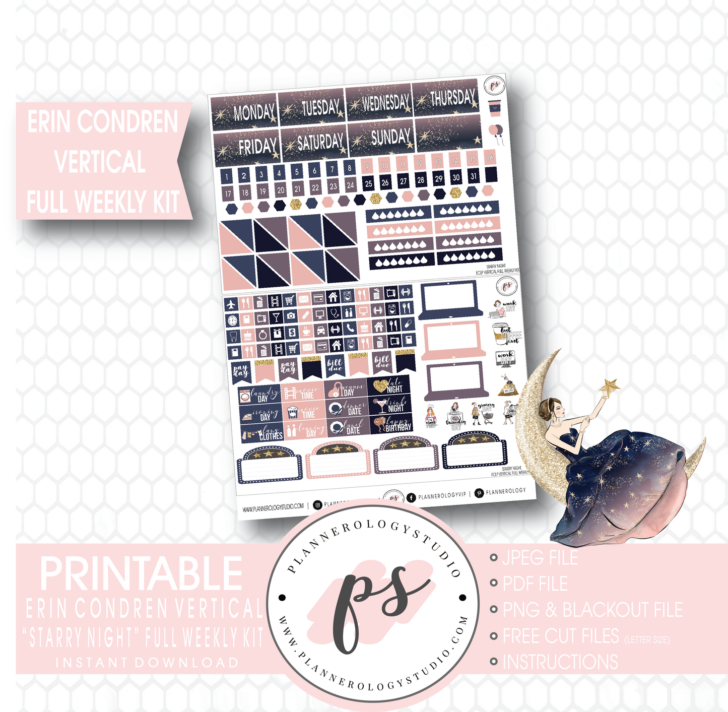 Starry Night Full Weekly Kit Printable Planner Stickers (for use with Erin Condren Vertical) - Plannerologystudio