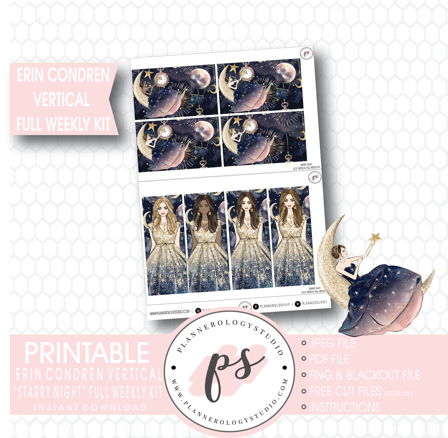 Starry Night Full Weekly Kit Printable Planner Stickers (for use with Erin Condren Vertical) - Plannerologystudio