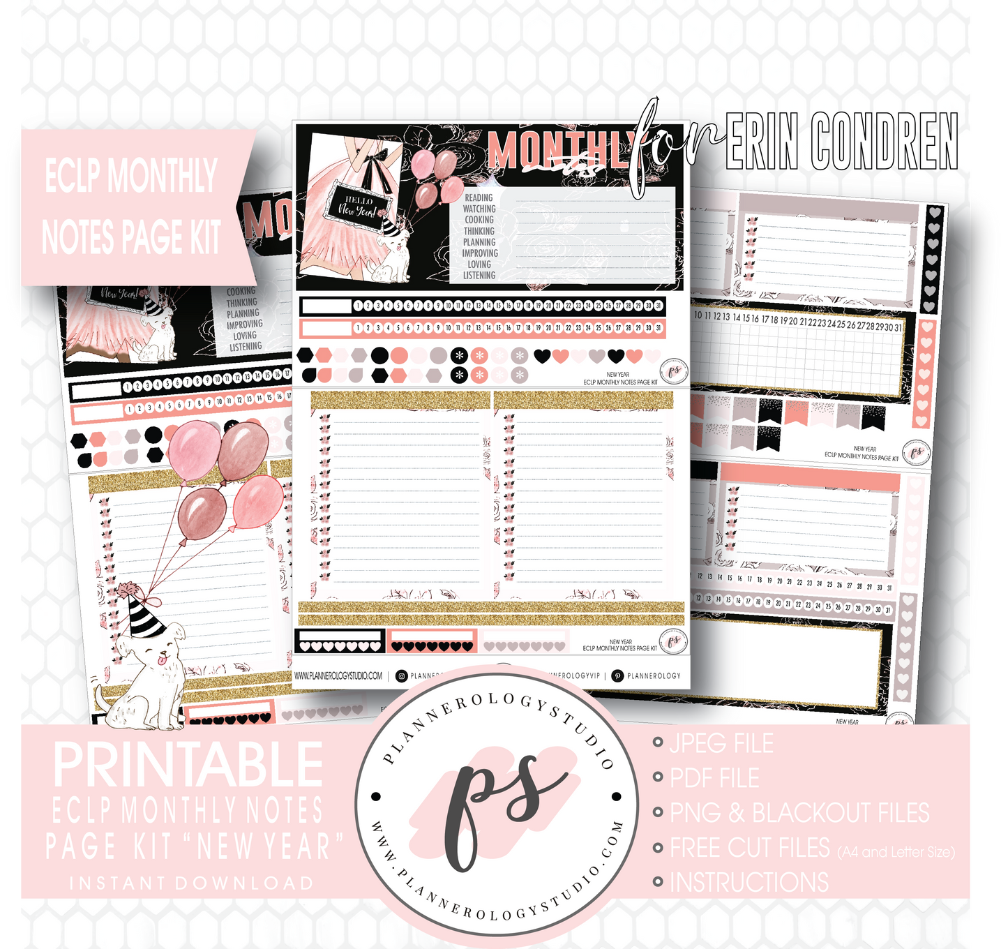 New Year Monthly Notes Page Kit Digital Printable Planner Stickers (for use with Erin Condren) - Plannerologystudio