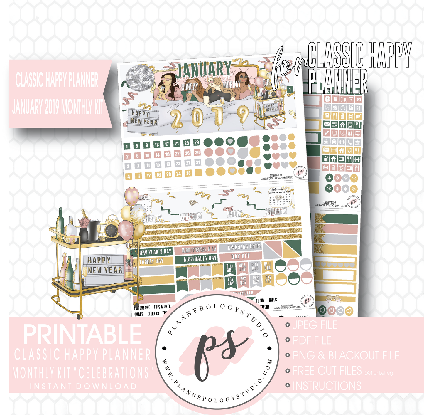 Celebrations New Years January 2019 Monthly View Kit Digital Printable Planner Stickers (for use with Classic Happy Planner) - Plannerologystudio