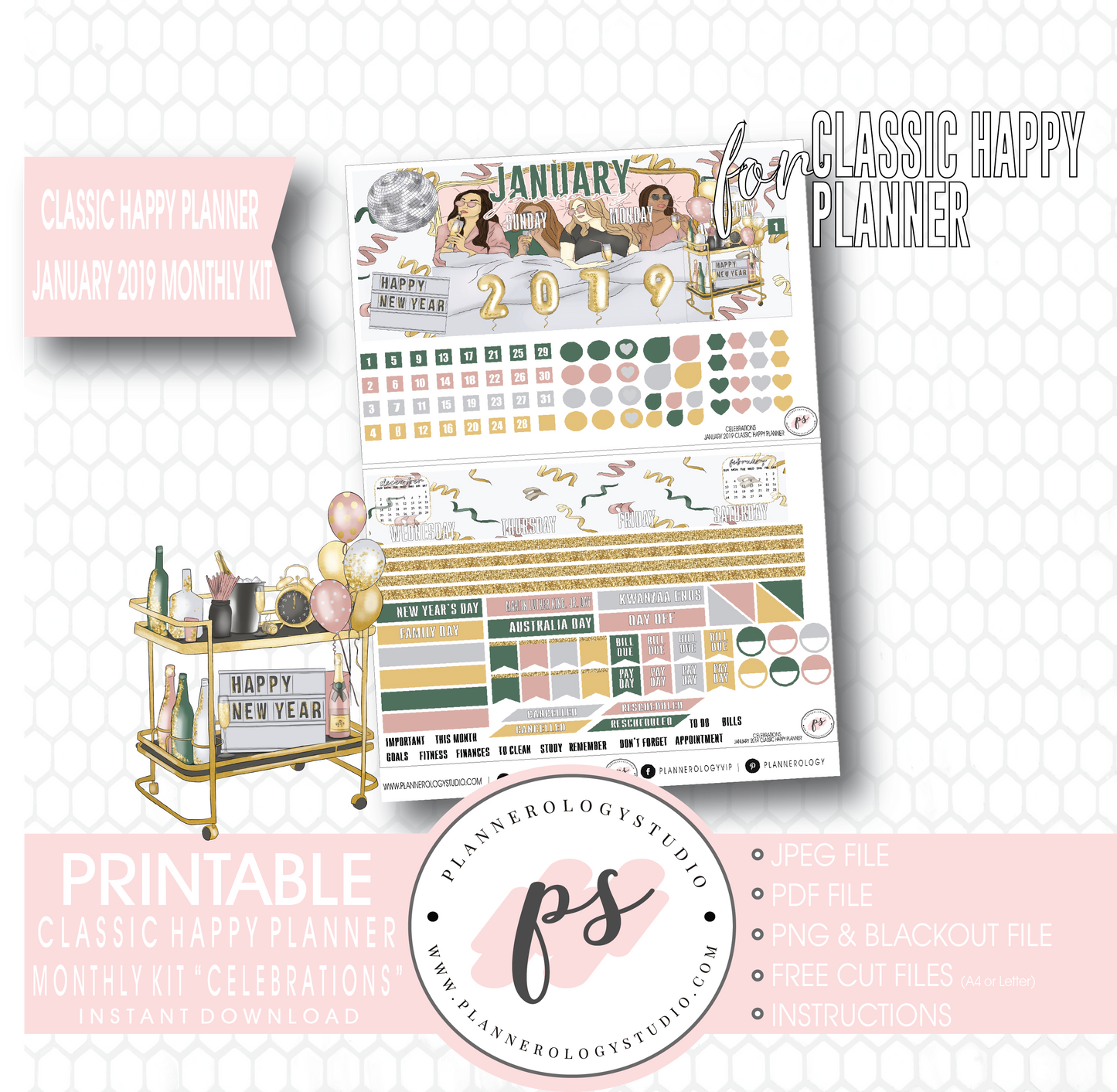 Celebrations New Years January 2019 Monthly View Kit Digital Printable Planner Stickers (for use with Classic Happy Planner) - Plannerologystudio
