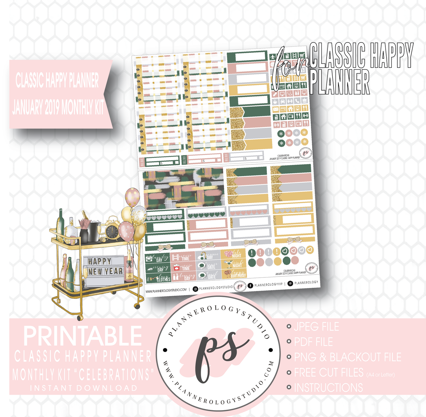 Celebrations New Years January 2019 Monthly View Kit Digital Printable Planner Stickers (for use with Classic Happy Planner) - Plannerologystudio