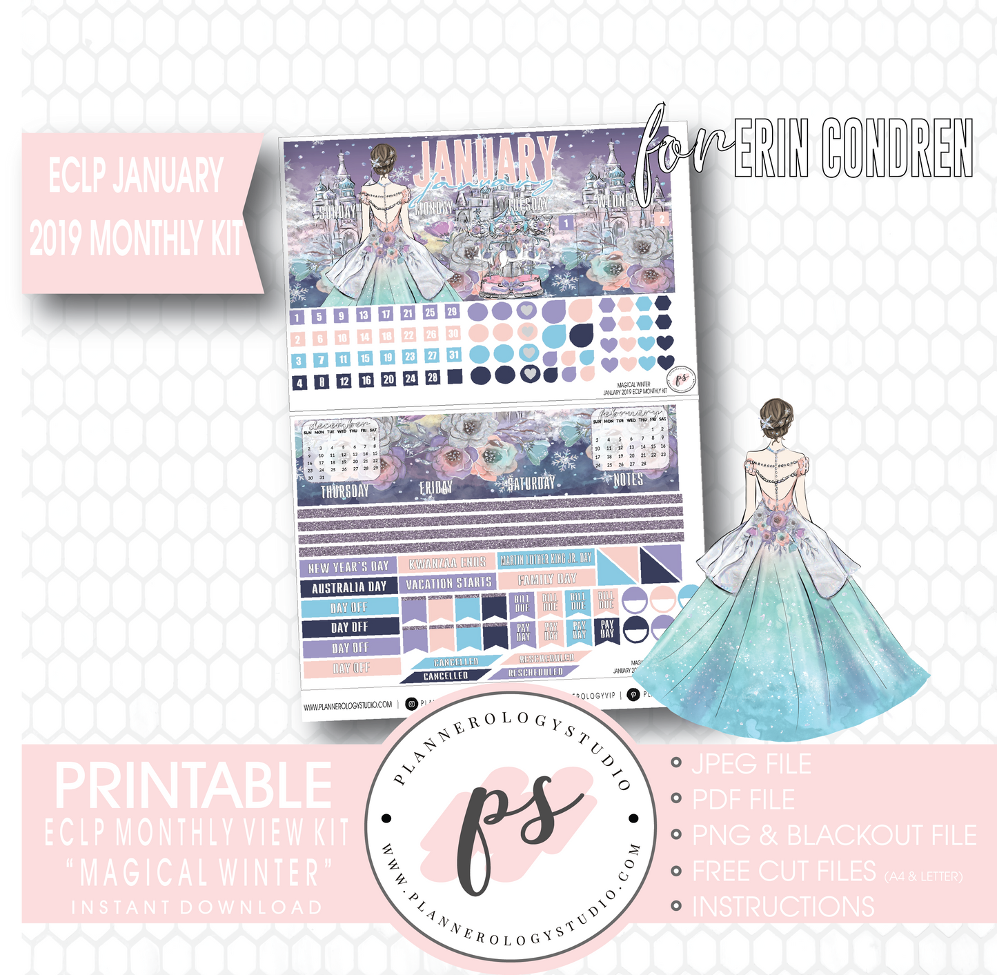 Magical Winter January 2019 Monthly View Kit Digital Printable Planner Stickers (for use with Erin Condren) - Plannerologystudio