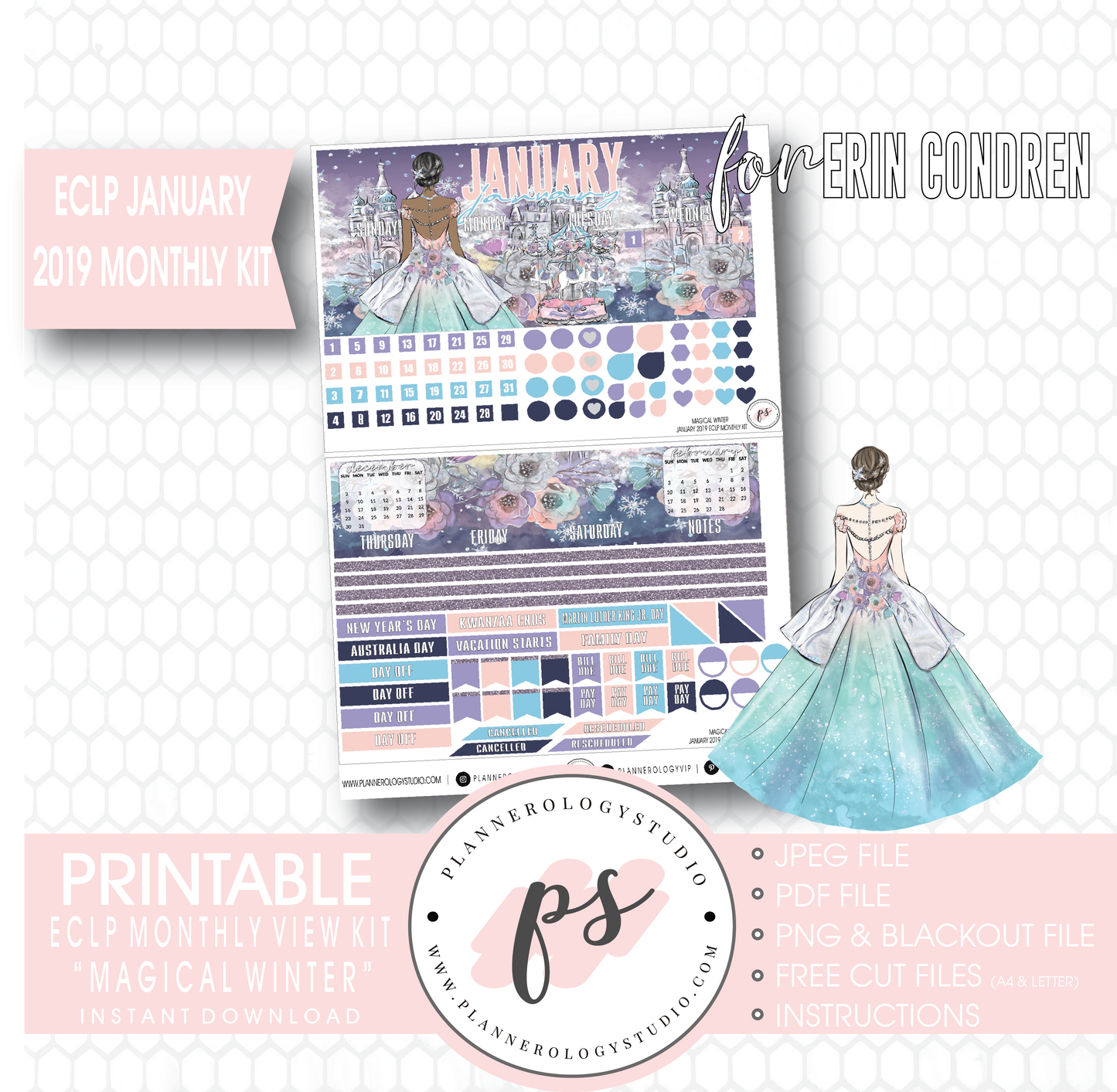 Magical Winter January 2019 Monthly View Kit Digital Printable Planner Stickers (for use with Erin Condren) - Plannerologystudio