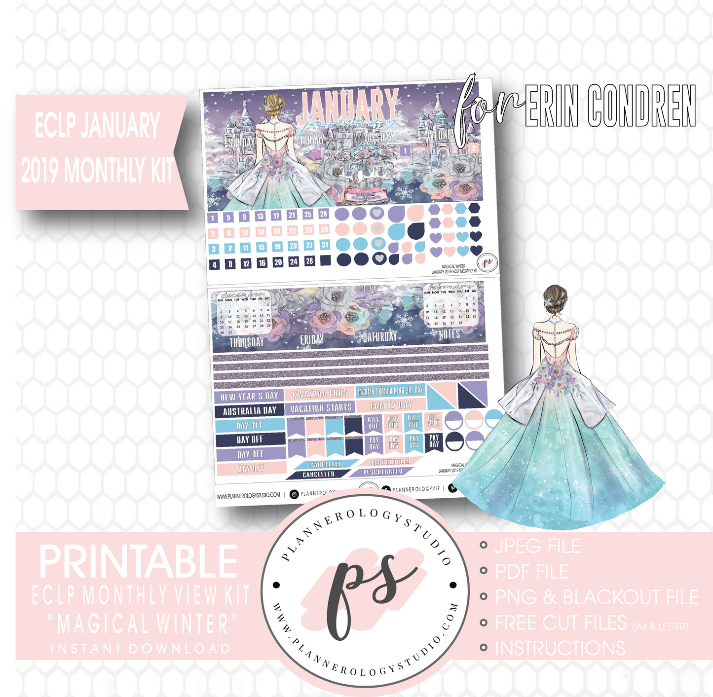 Magical Winter January 2019 Monthly View Kit Digital Printable Planner Stickers (for use with Erin Condren) - Plannerologystudio