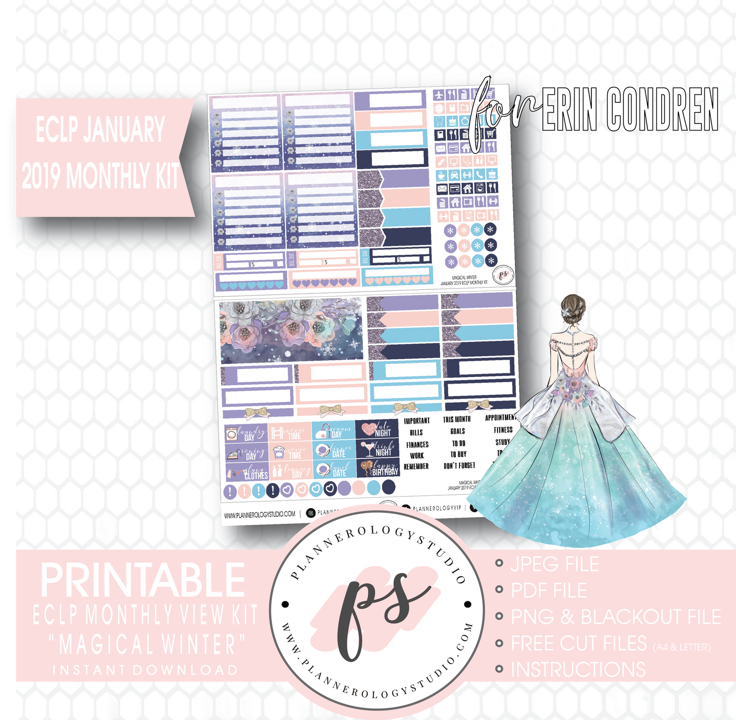 Magical Winter January 2019 Monthly View Kit Digital Printable Planner Stickers (for use with Erin Condren) - Plannerologystudio
