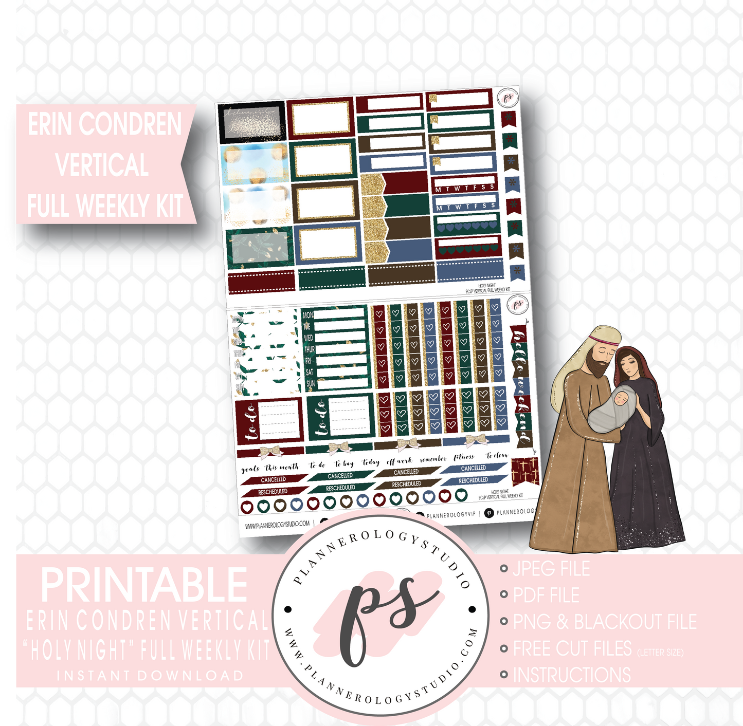 Holy Night Christmas Full Weekly Kit Printable Planner Stickers (for use with Erin Condren Vertical) - Plannerologystudio