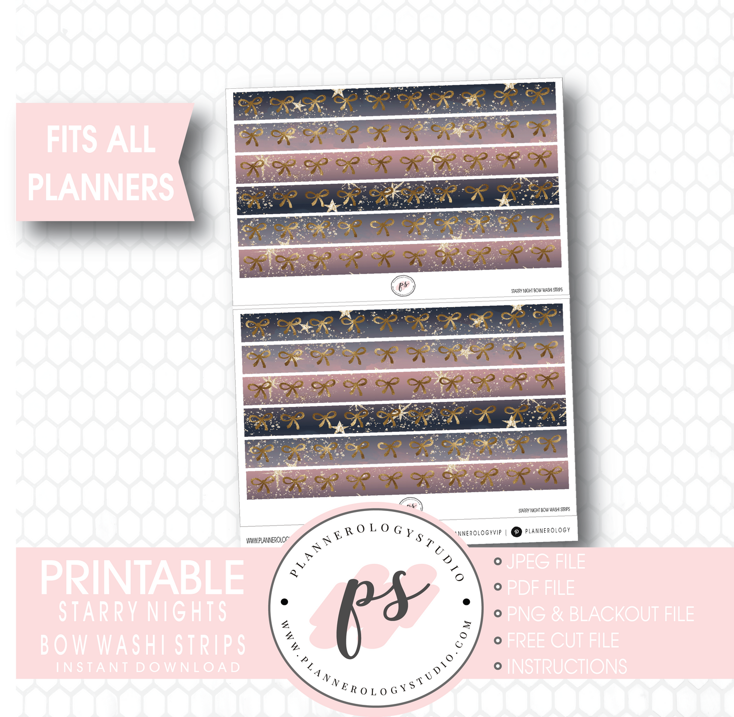 Starry Nights Watercolour Pattern Bow Icon Washi Strip Digital Printable Planner Stickers - Plannerologystudio