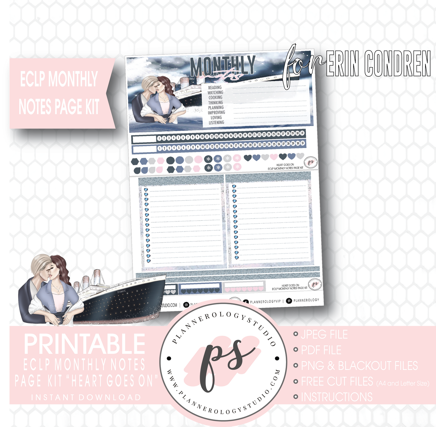 Heart Goes On (Titanic) Monthly Notes Page Kit Digital Printable Planner Stickers (for use with Erin Condren) - Plannerologystudio