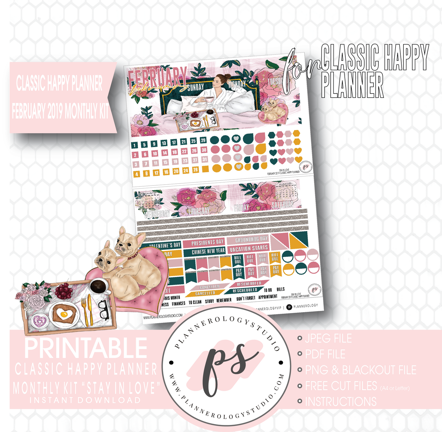 Stay in Love Valentine's Day February 2019 Monthly View Kit Digital Printable Planner Stickers (for use with Classic Happy Planner) - Plannerologystudio