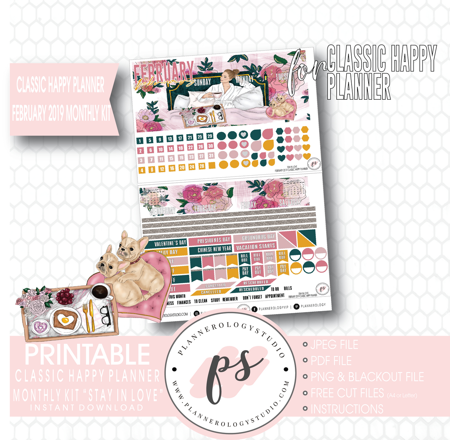 Stay in Love Valentine's Day February 2019 Monthly View Kit Digital Printable Planner Stickers (for use with Classic Happy Planner) - Plannerologystudio