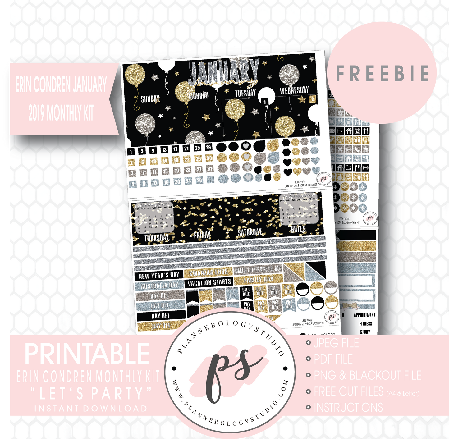 Let's Party ECLP Erin Condren January 2019 Monthly Kit Digital Printable Planner Stickers (PDF/JPG/PNG/Cut File Freebie) - Plannerologystudio