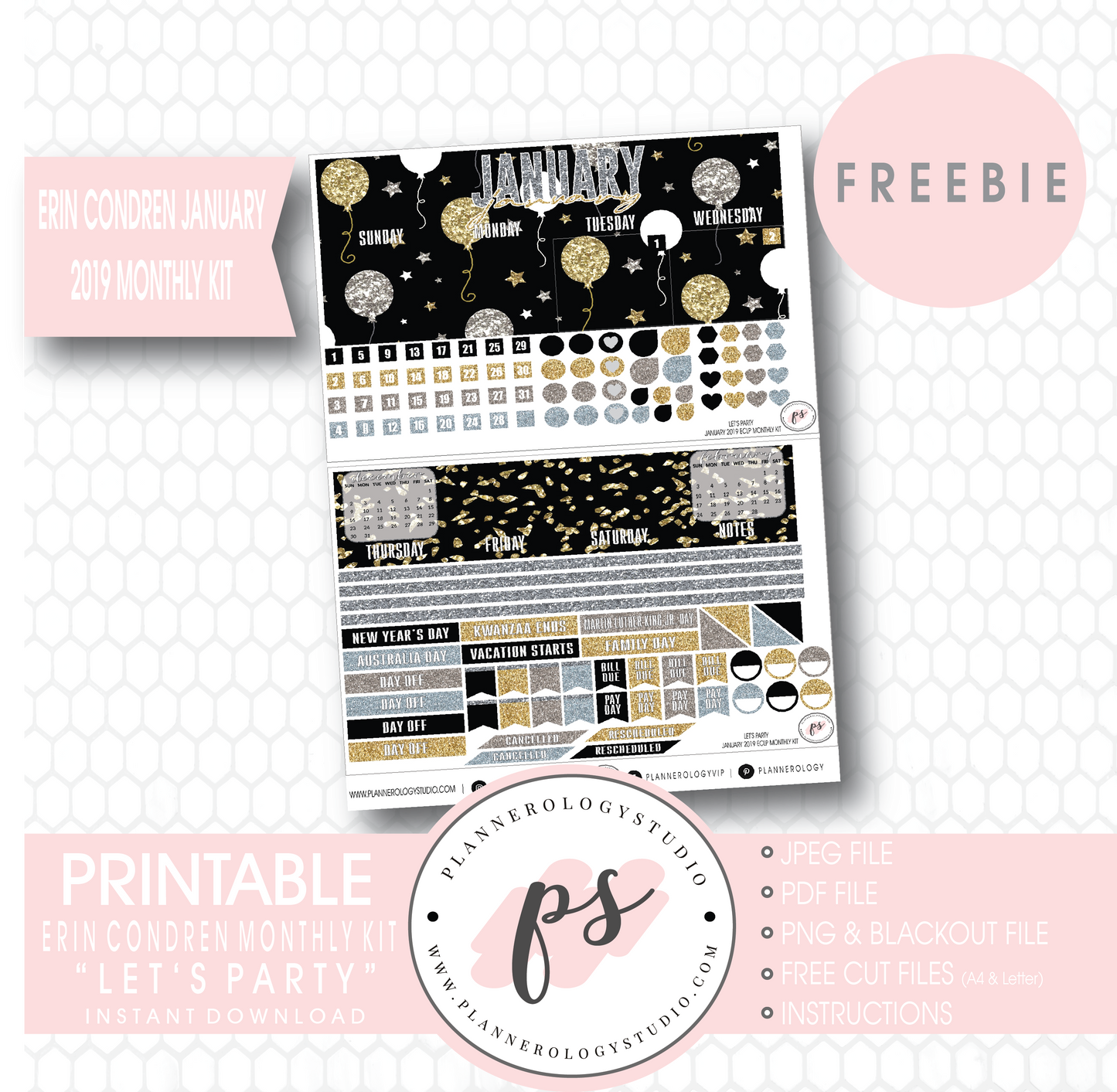 Let's Party ECLP Erin Condren January 2019 Monthly Kit Digital Printable Planner Stickers (PDF/JPG/PNG/Cut File Freebie) - Plannerologystudio