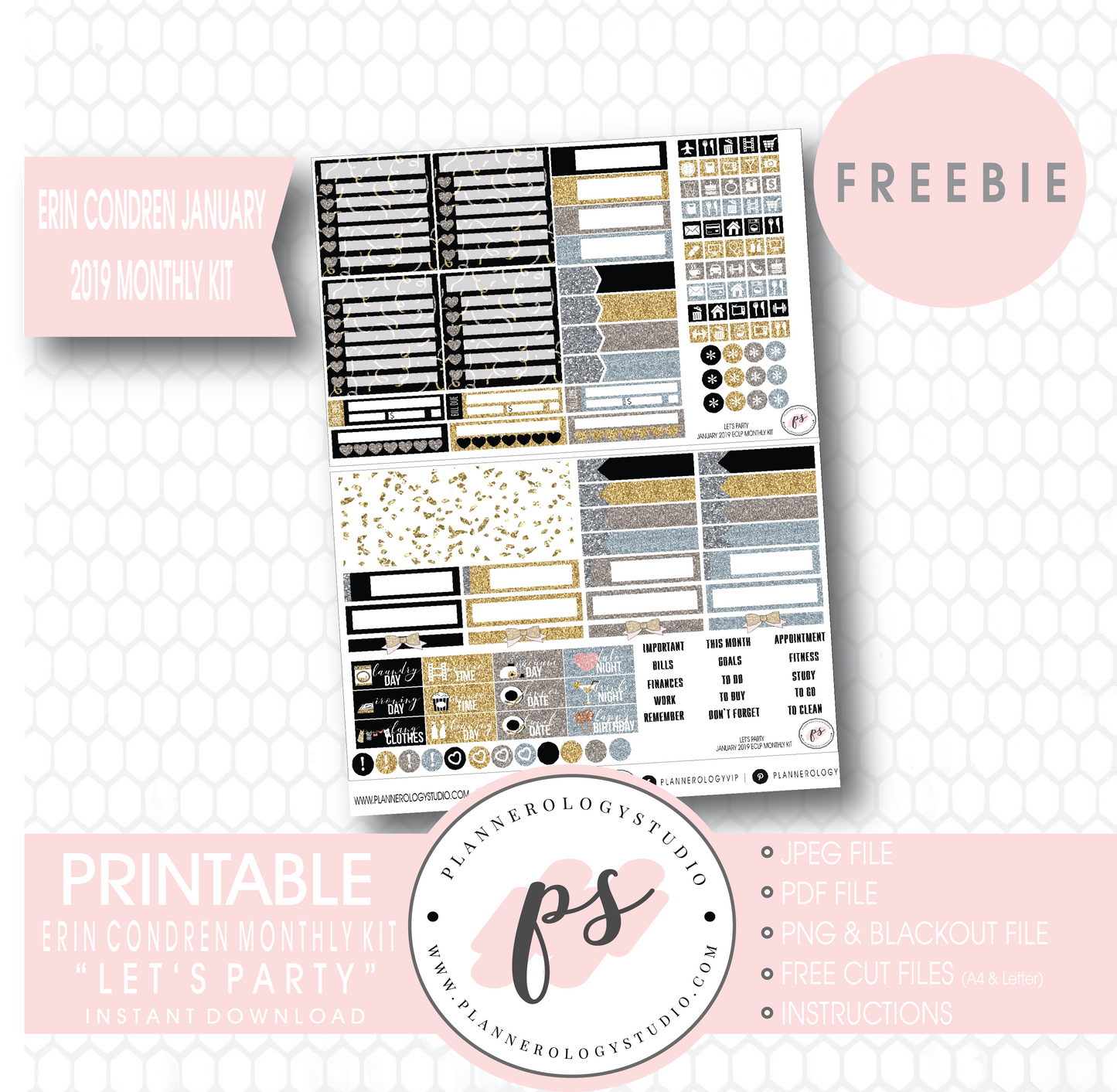 Let's Party ECLP Erin Condren January 2019 Monthly Kit Digital Printable Planner Stickers (PDF/JPG/PNG/Cut File Freebie) - Plannerologystudio