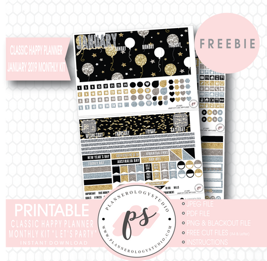 Let's Party Classic Happy Planner January 2019 Monthly Kit Digital Printable Planner Stickers (PDF/JPG/PNG/Cut File Freebie) - Plannerologystudio