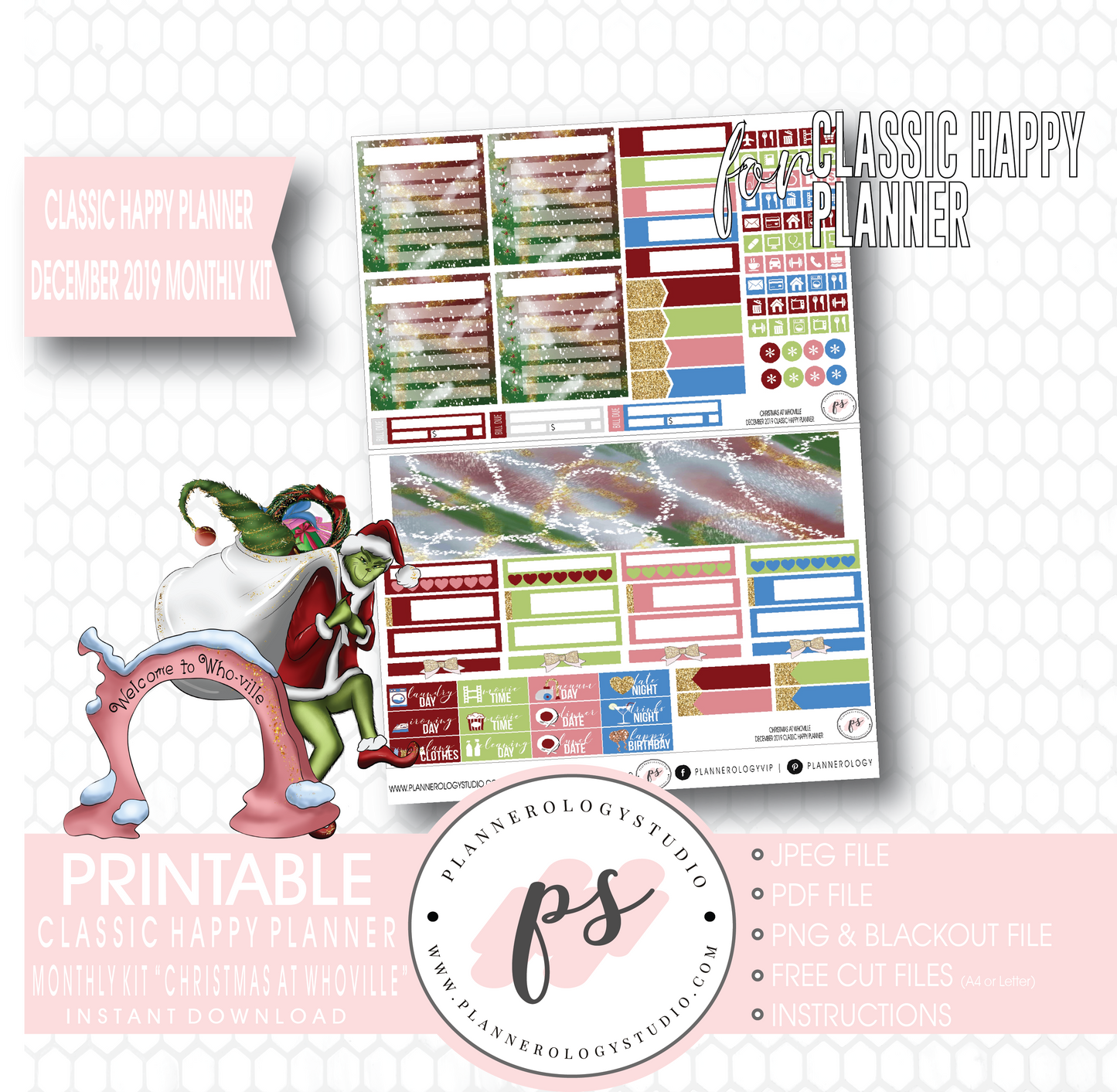 Christmas at Whoville (Grinch) December 2019 Monthly View Kit Digital Printable Planner Stickers (for use with Classic Happy Planner) - Plannerologystudio