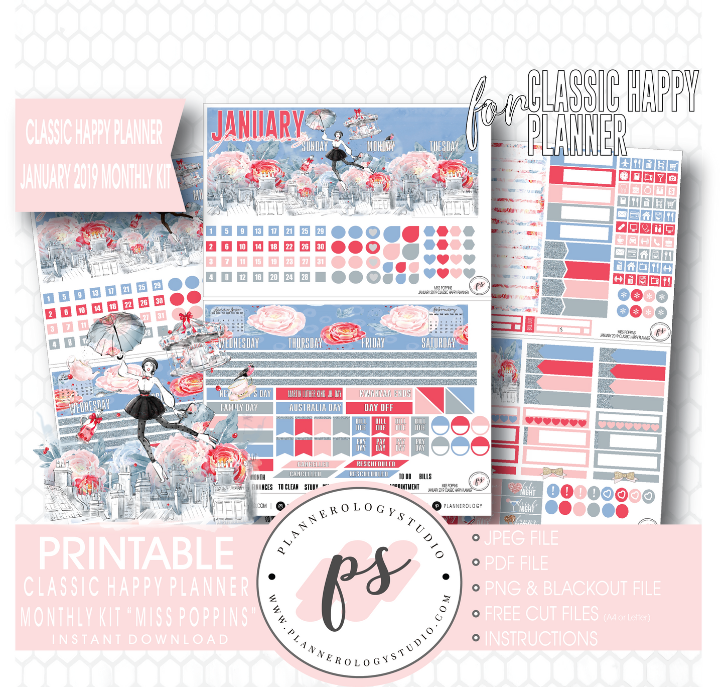 Miss Poppins (Mary Poppins) January 2019 Monthly View Kit Digital Printable Planner Stickers (for use with Classic Happy Planner) - Plannerologystudio