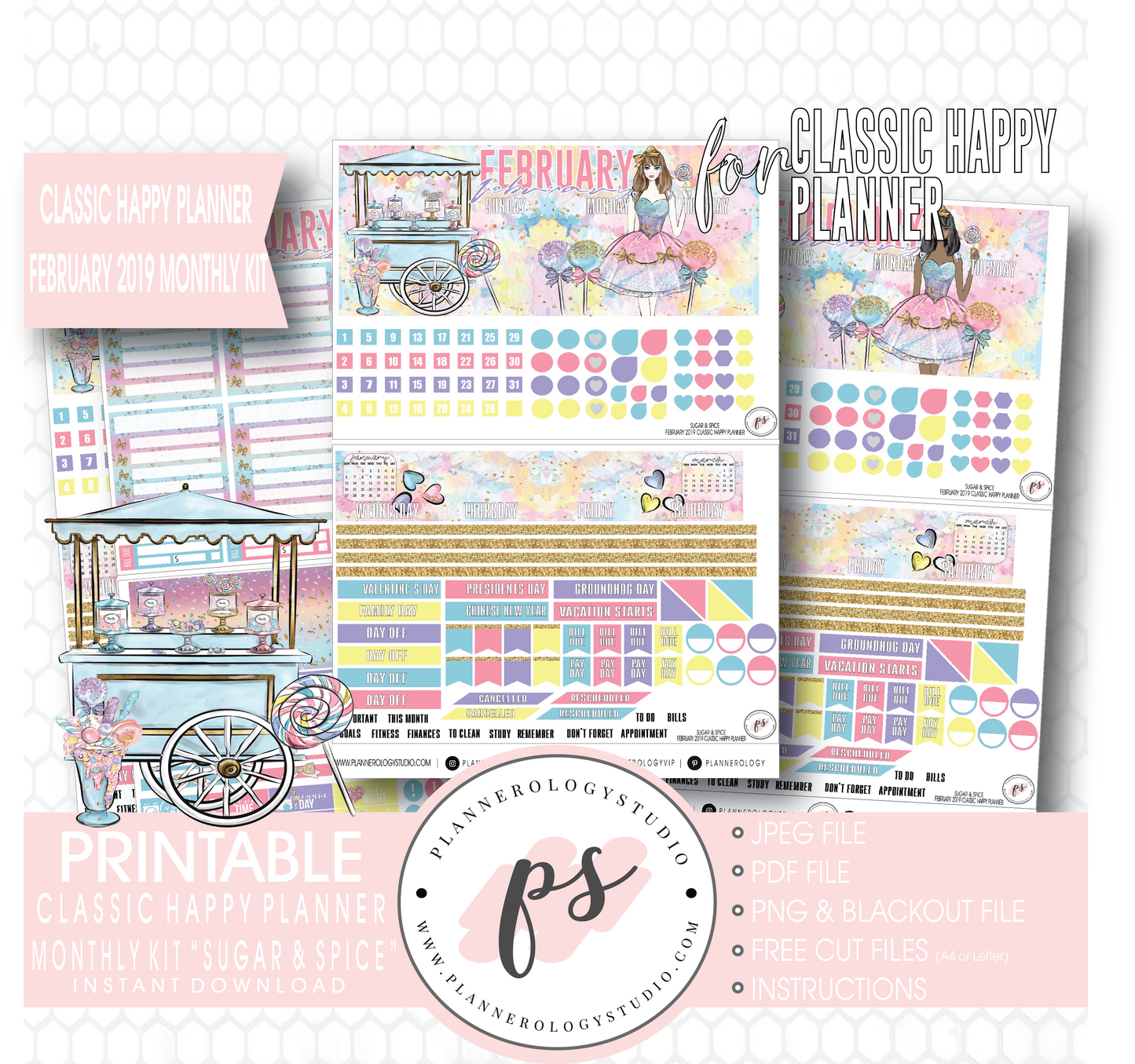 Sugar & Spice February 2019 Monthly View Kit Digital Printable Planner Stickers (for use with Classic Happy Planner) - Plannerologystudio