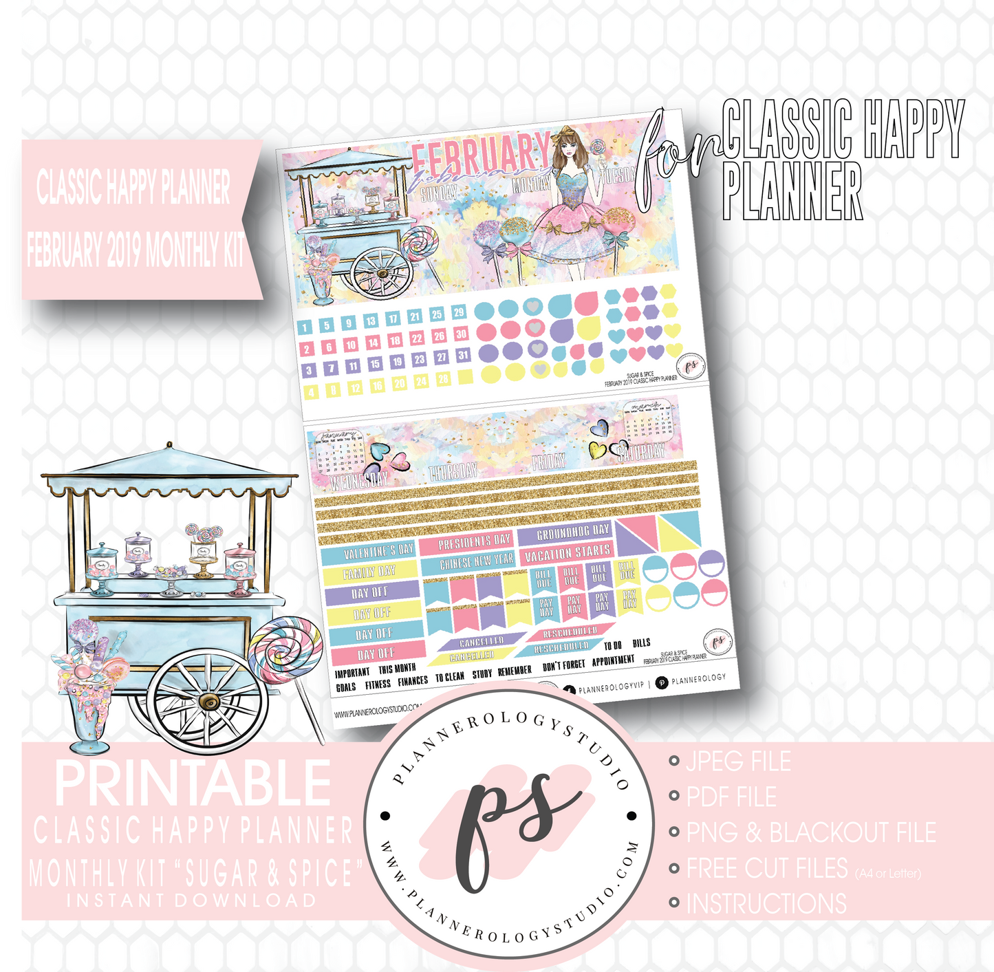 Sugar & Spice February 2019 Monthly View Kit Digital Printable Planner Stickers (for use with Classic Happy Planner) - Plannerologystudio