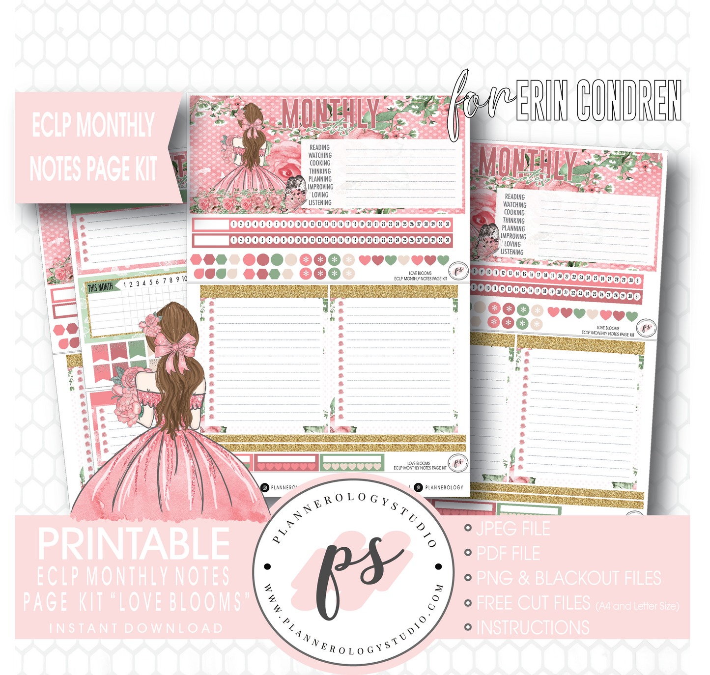 Love Blooms Monthly Notes Page Kit Digital Printable Planner Stickers (for use with Erin Condren) - Plannerologystudio