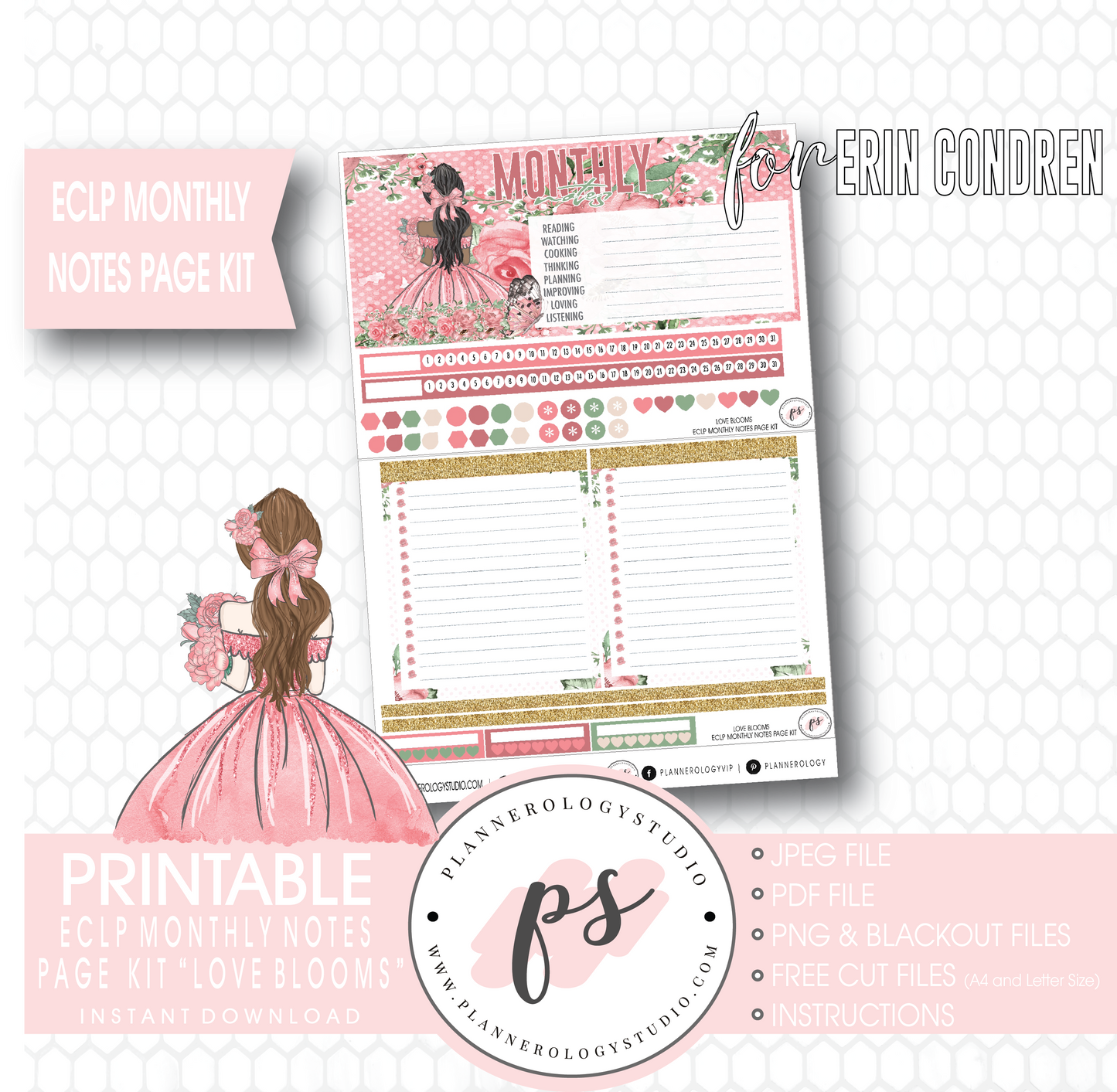 Love Blooms Monthly Notes Page Kit Digital Printable Planner Stickers (for use with Erin Condren) - Plannerologystudio