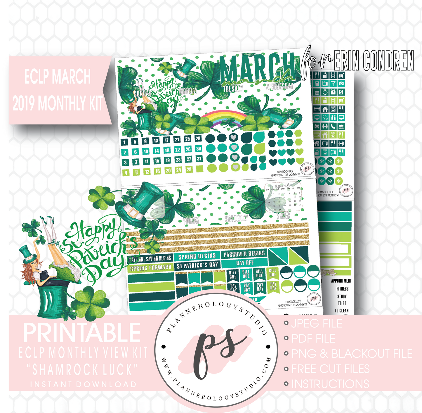 Shamrock Luck St Patrick's Day March 2019 Monthly View Kit Digital Printable Planner Stickers (for use with Erin Condren) - Plannerologystudio