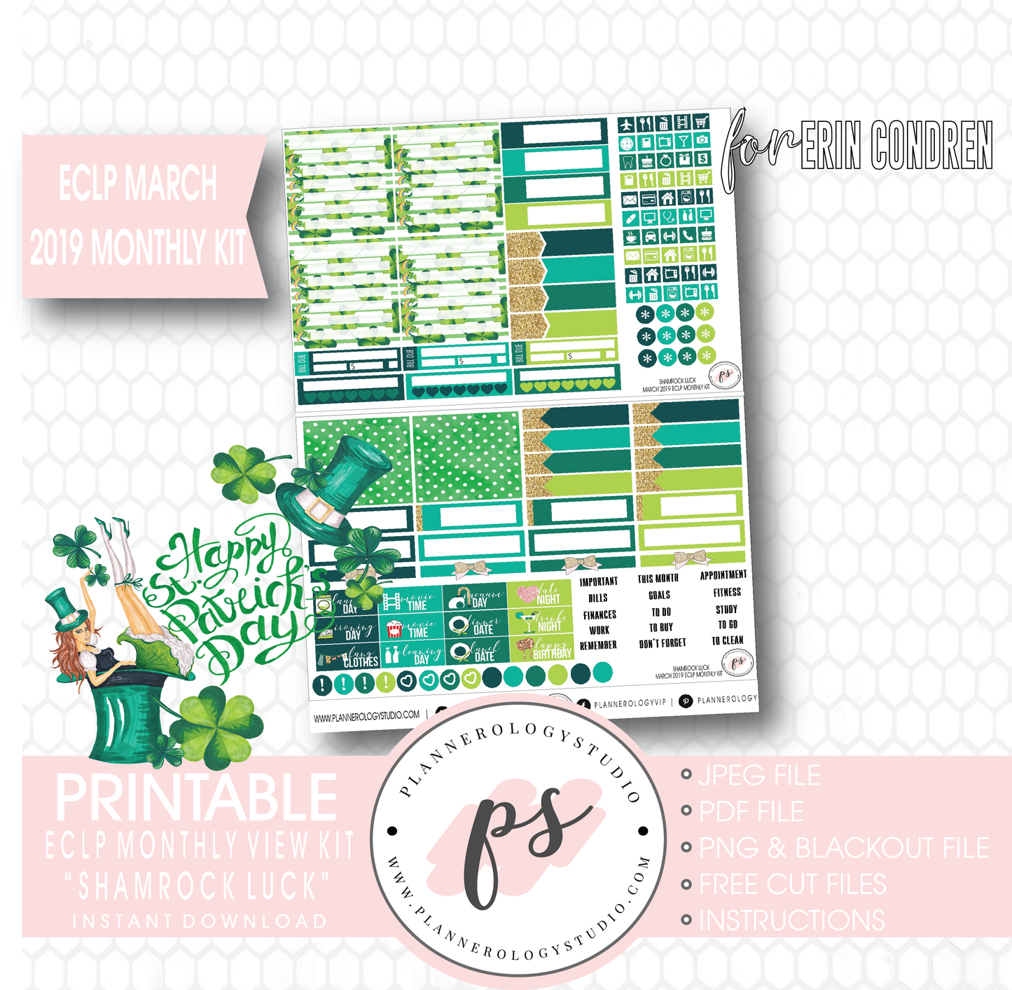 Shamrock Luck St Patrick's Day March 2019 Monthly View Kit Digital Printable Planner Stickers (for use with Erin Condren) - Plannerologystudio