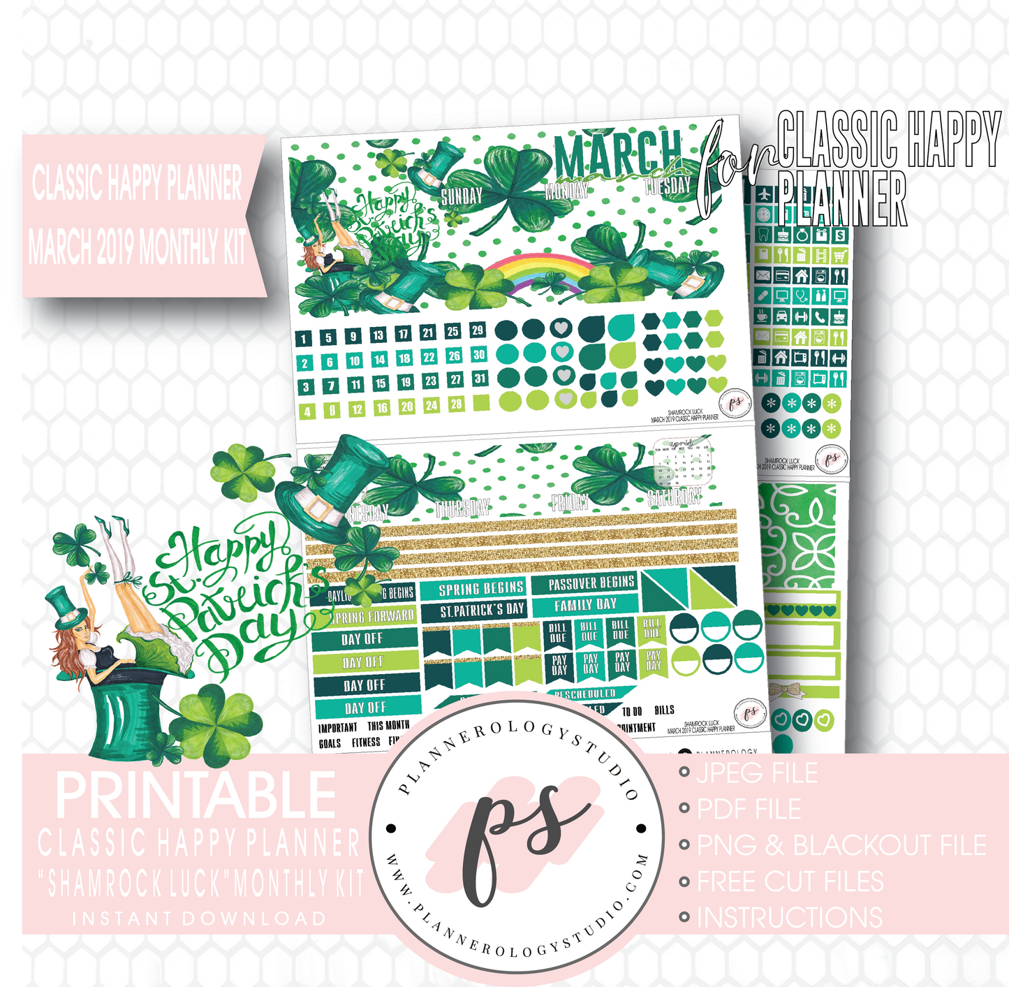 Shamrock Luck St Patrick's Day March 2019 Monthly View Kit Digital Printable Planner Stickers (for use with Classic Happy Planner) - Plannerologystudio