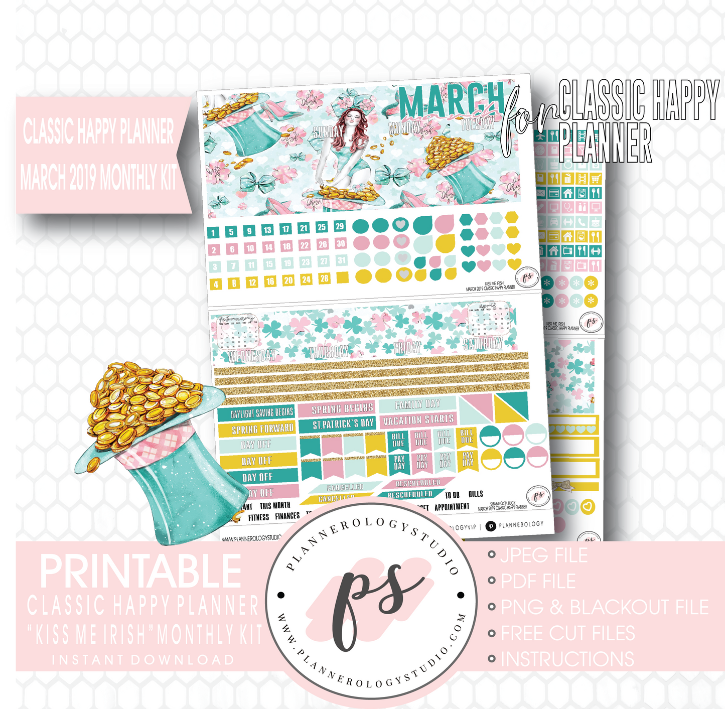 Kiss Me Irish March 2019 Monthly View Kit Digital Printable Planner Stickers (for use with Classic Happy Planner) - Plannerologystudio