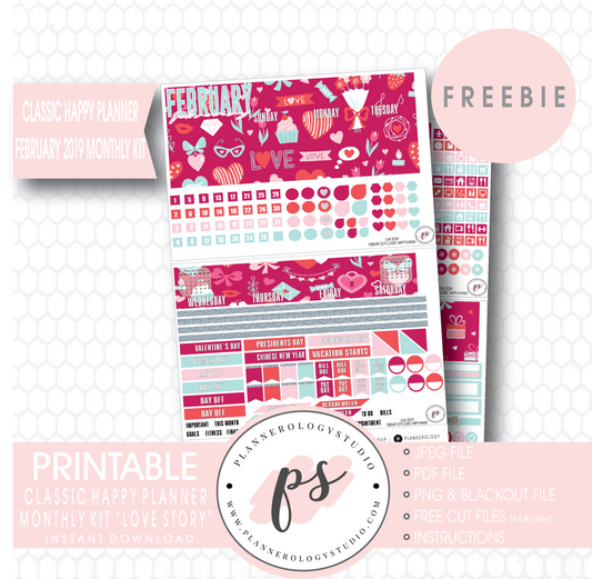 Love Story (Valentine's Day) Classic Happy Planner February 2019 Monthly Kit Digital Printable Planner Stickers (PDF/JPG/PNG/Cut File Freebie) - Plannerologystudio