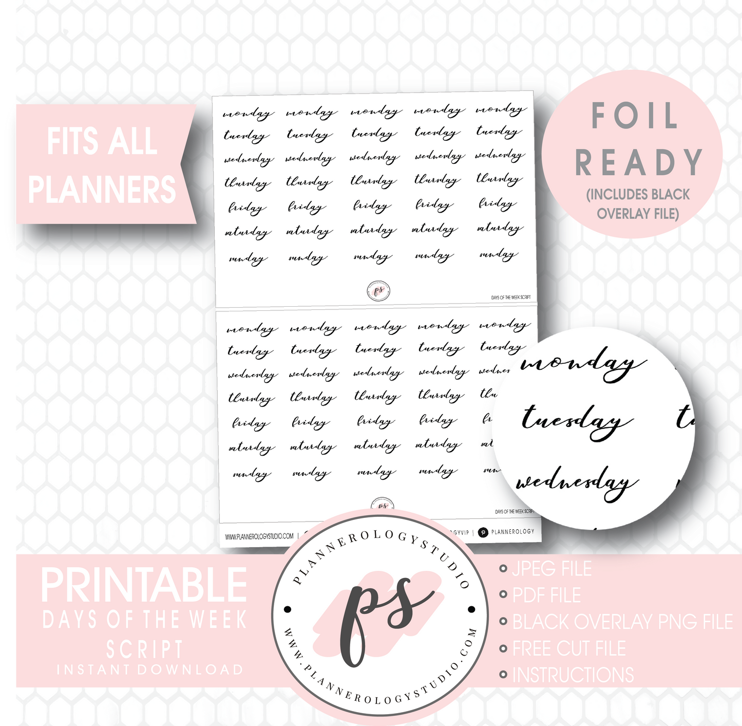Days of the Week (Monday to Friday) Script Digital Printable Planner Stickers (Foil Ready) - Plannerologystudio