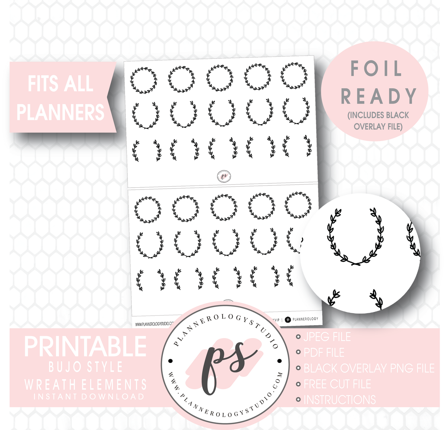 Decorative Wreath Elements Digital Printable Planner Stickers (Foil Ready) - Plannerologystudio