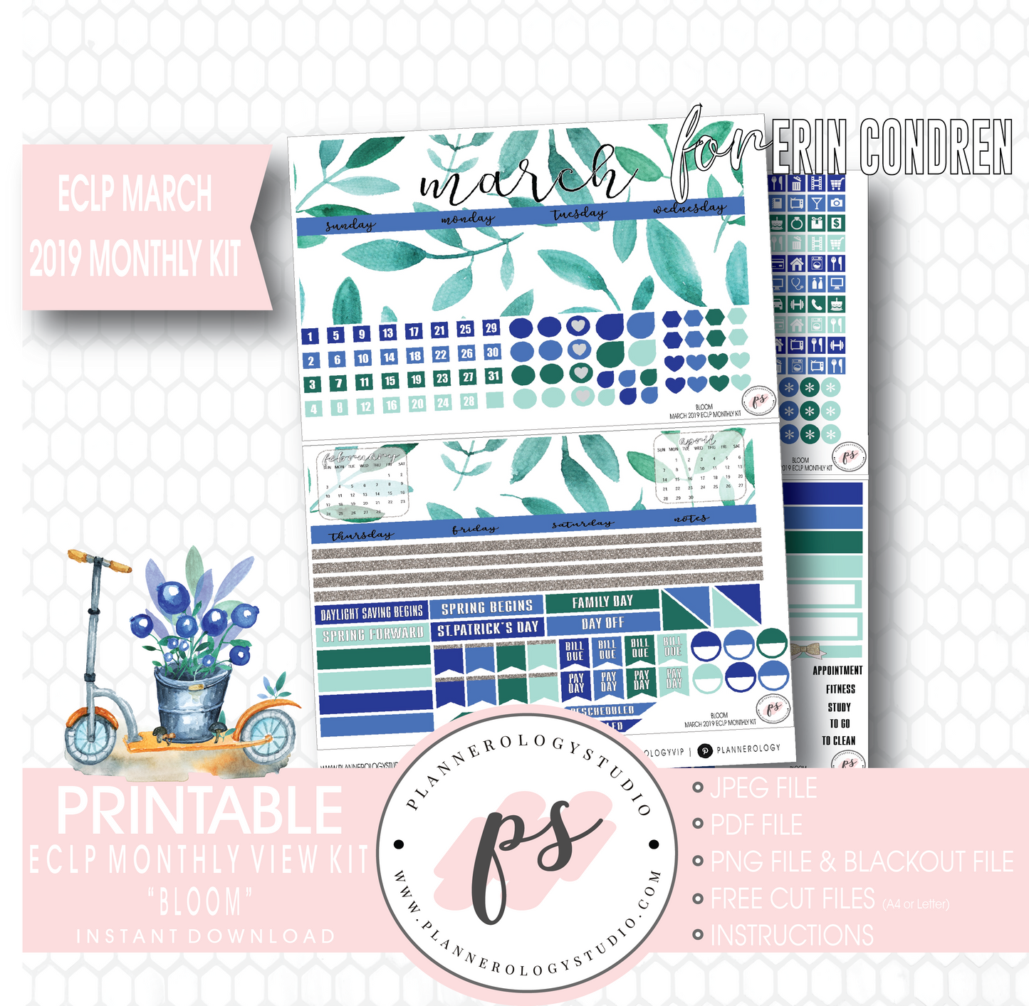 Bloom March 2019 Monthly View Kit Digital Printable Planner Stickers (for use with Erin Condren) - Plannerologystudio