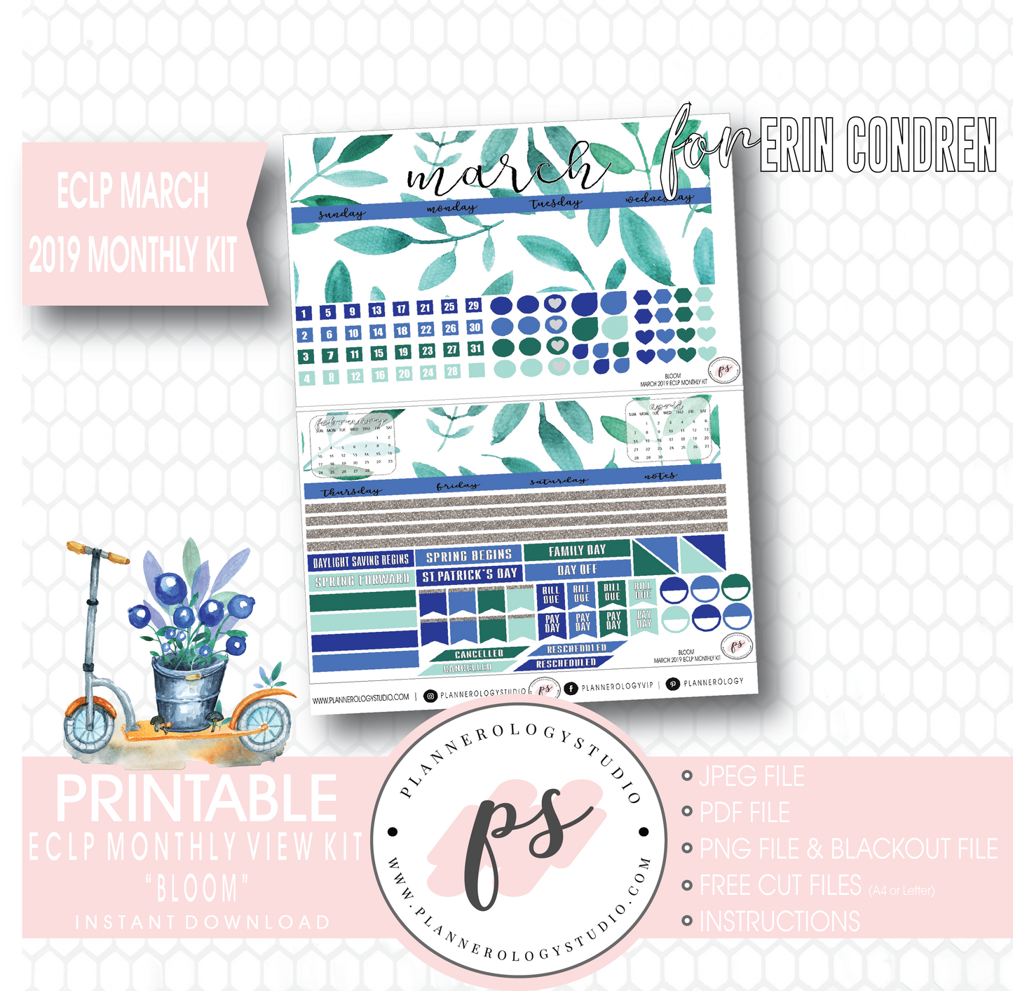 Bloom March 2019 Monthly View Kit Digital Printable Planner Stickers (for use with Erin Condren) - Plannerologystudio