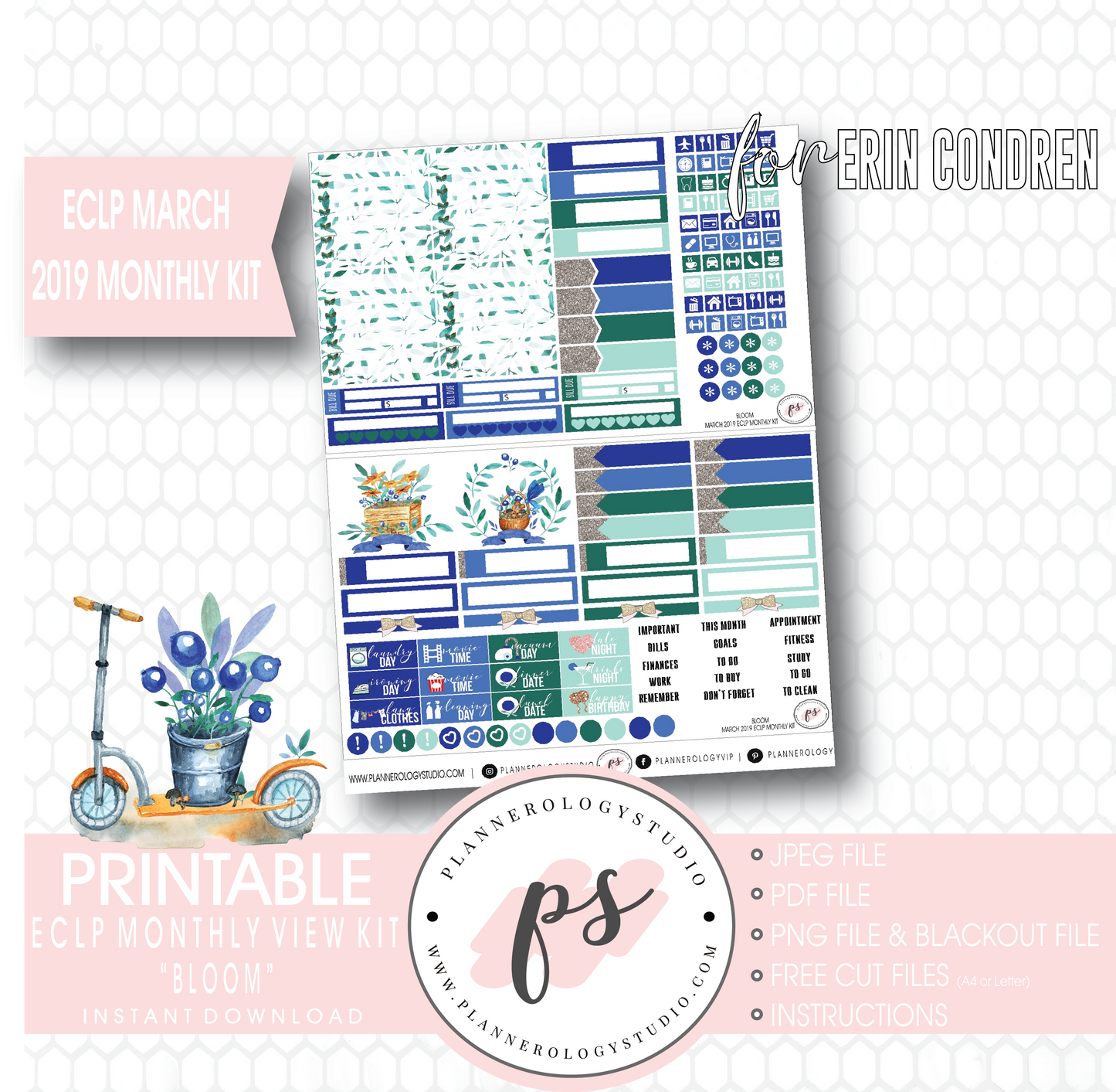 Bloom March 2019 Monthly View Kit Digital Printable Planner Stickers (for use with Erin Condren) - Plannerologystudio
