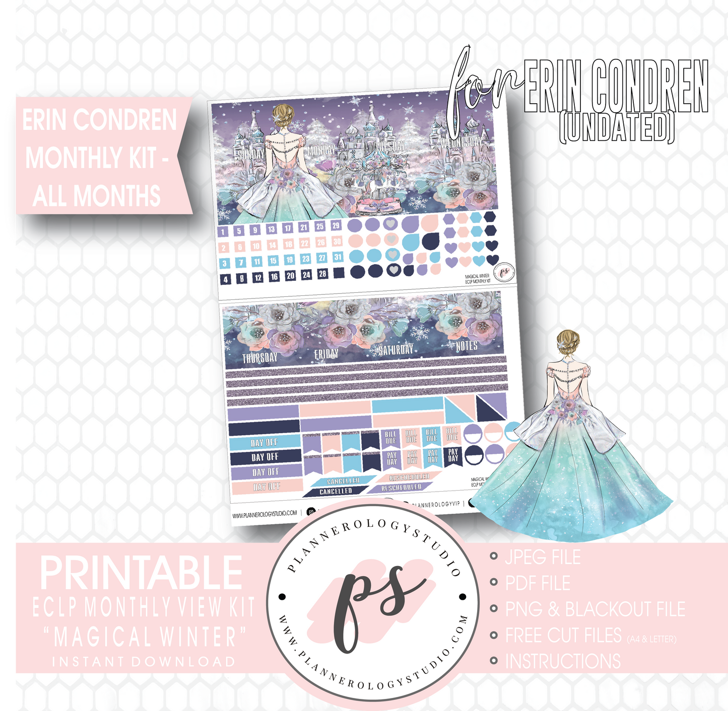 Magical Winter Undated Monthly View Kit (All Months) Digital Printable Planner Stickers (for use with Erin Condren) - Plannerologystudio
